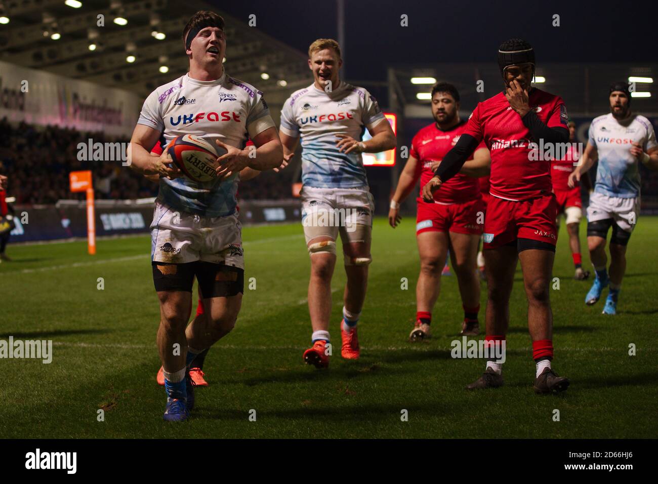 Manchester, England, 7 February 2020. Ben Curry of Sale Sharks after scoring a try during their Gallagher Premiership cup semi final match against Saracens at the A J Bell Stadium. Stock Photo