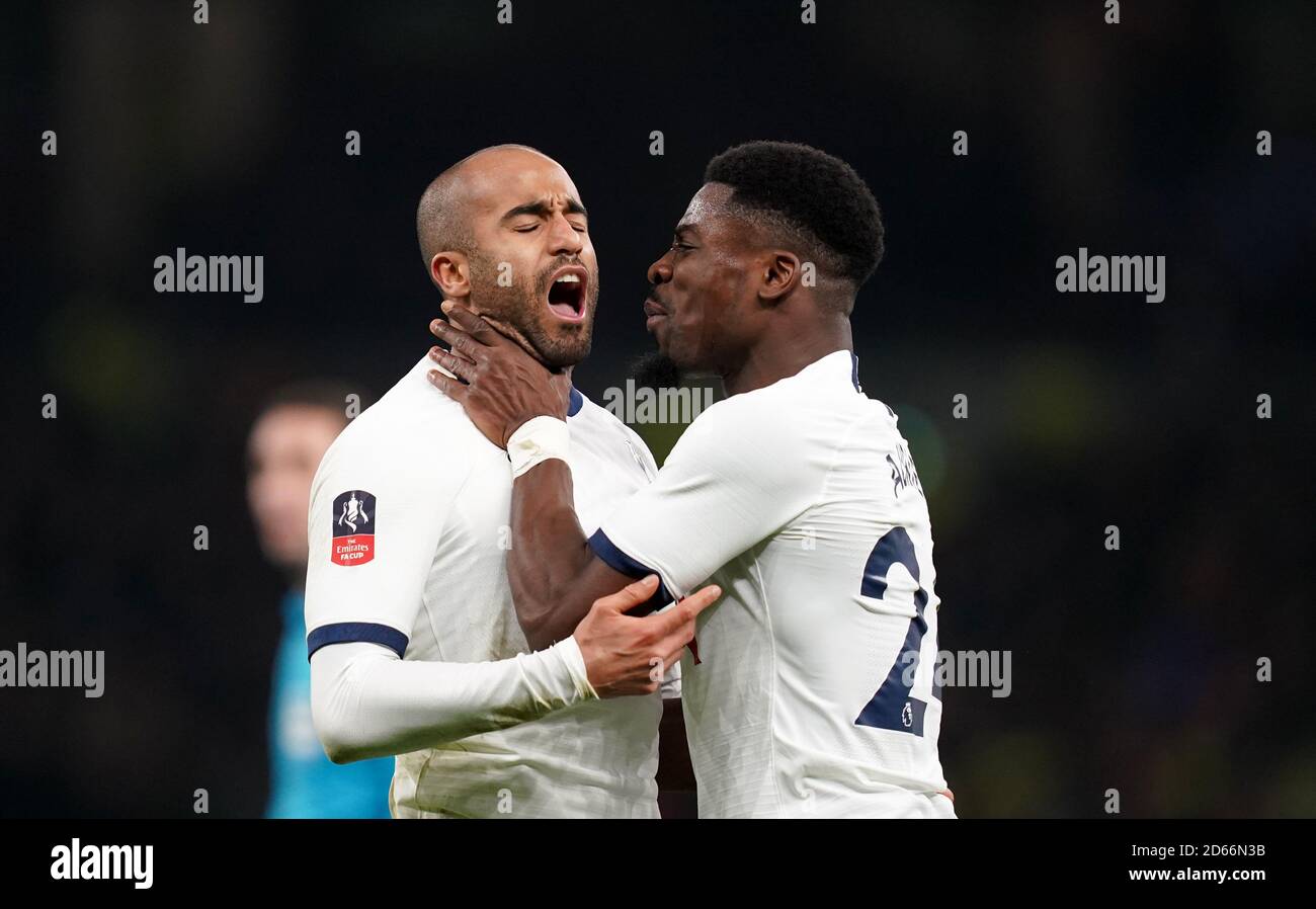 Tottenham Hotspur's Lucas Moura celebrates scoring his side's second goal of the game with team-mate Serge Aurier Stock Photo