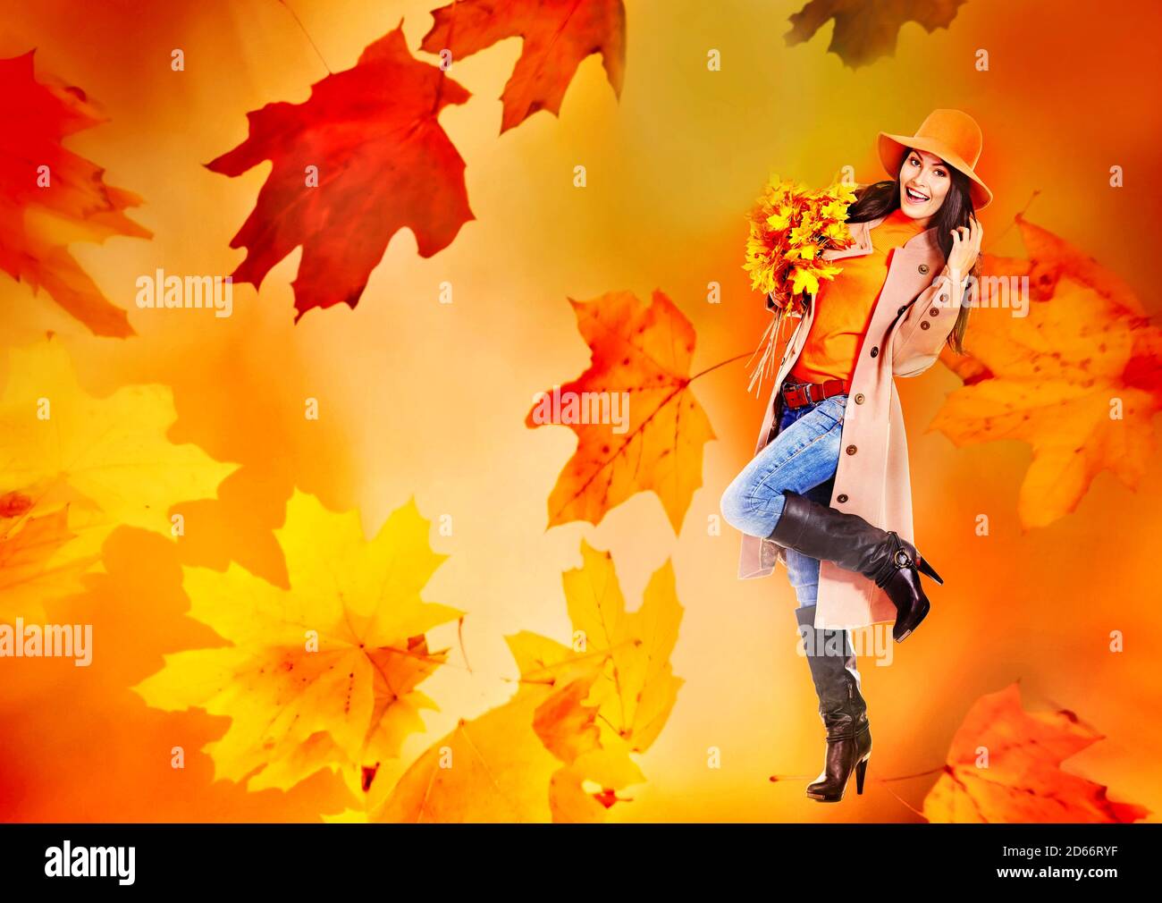 Autumn banners leaves with woman wear in coat and hat Stock Photo