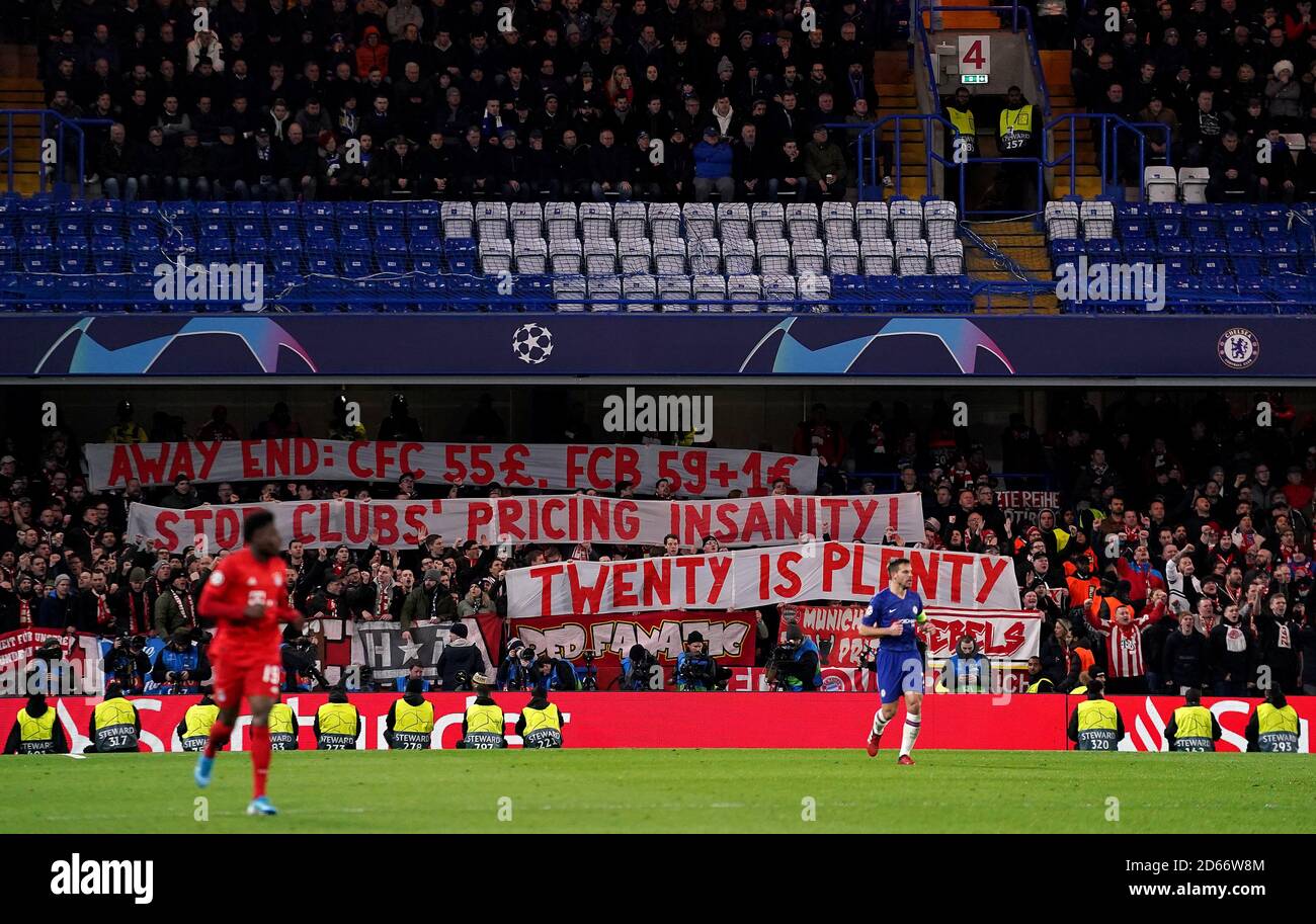 Bayern Munich fans protest in the stands with banners about the ticket prices Stock Photo