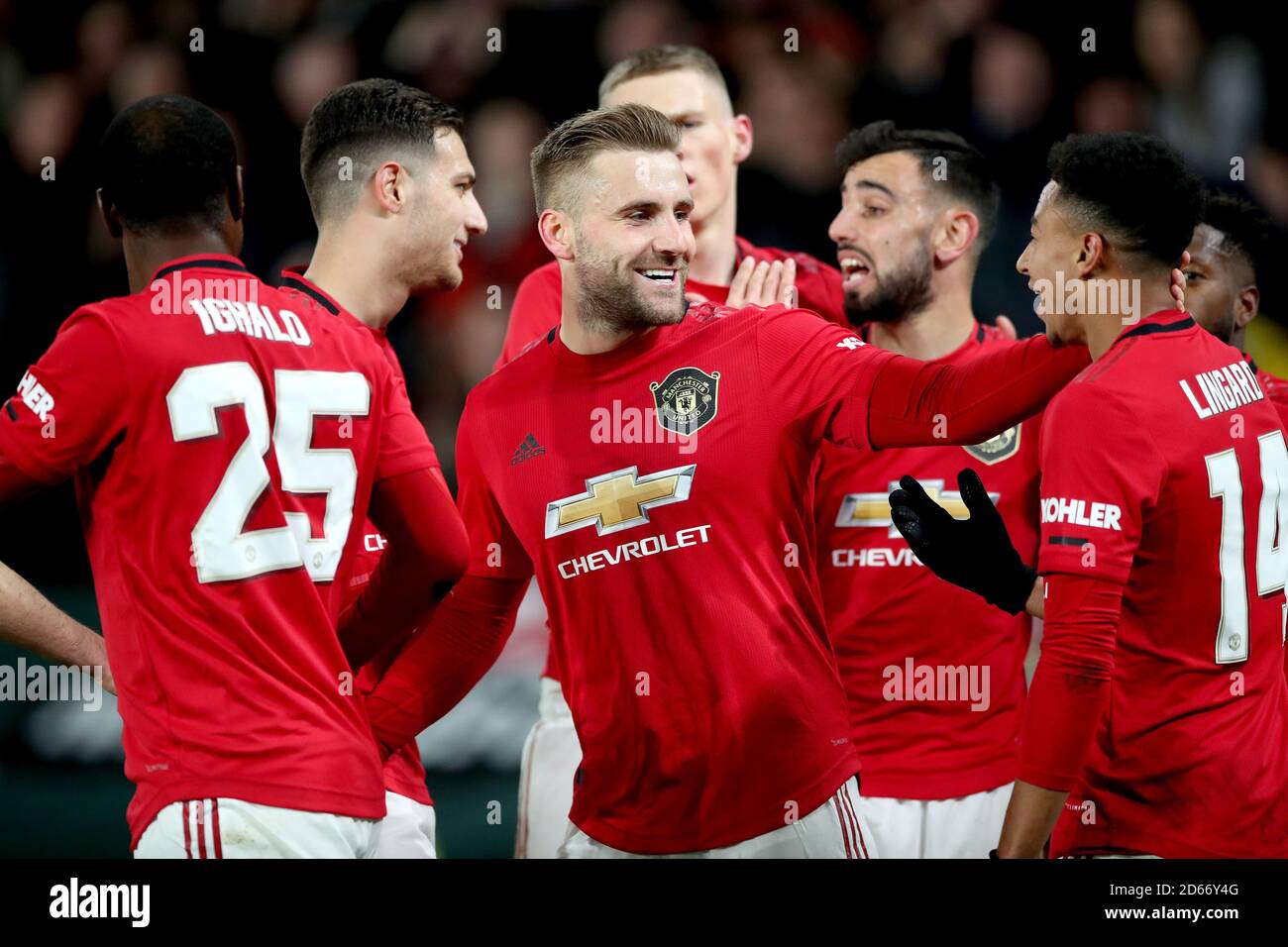 Manchester United's Luke Shaw (centre) celebrates scoring his side's first goal of the game Stock Photo