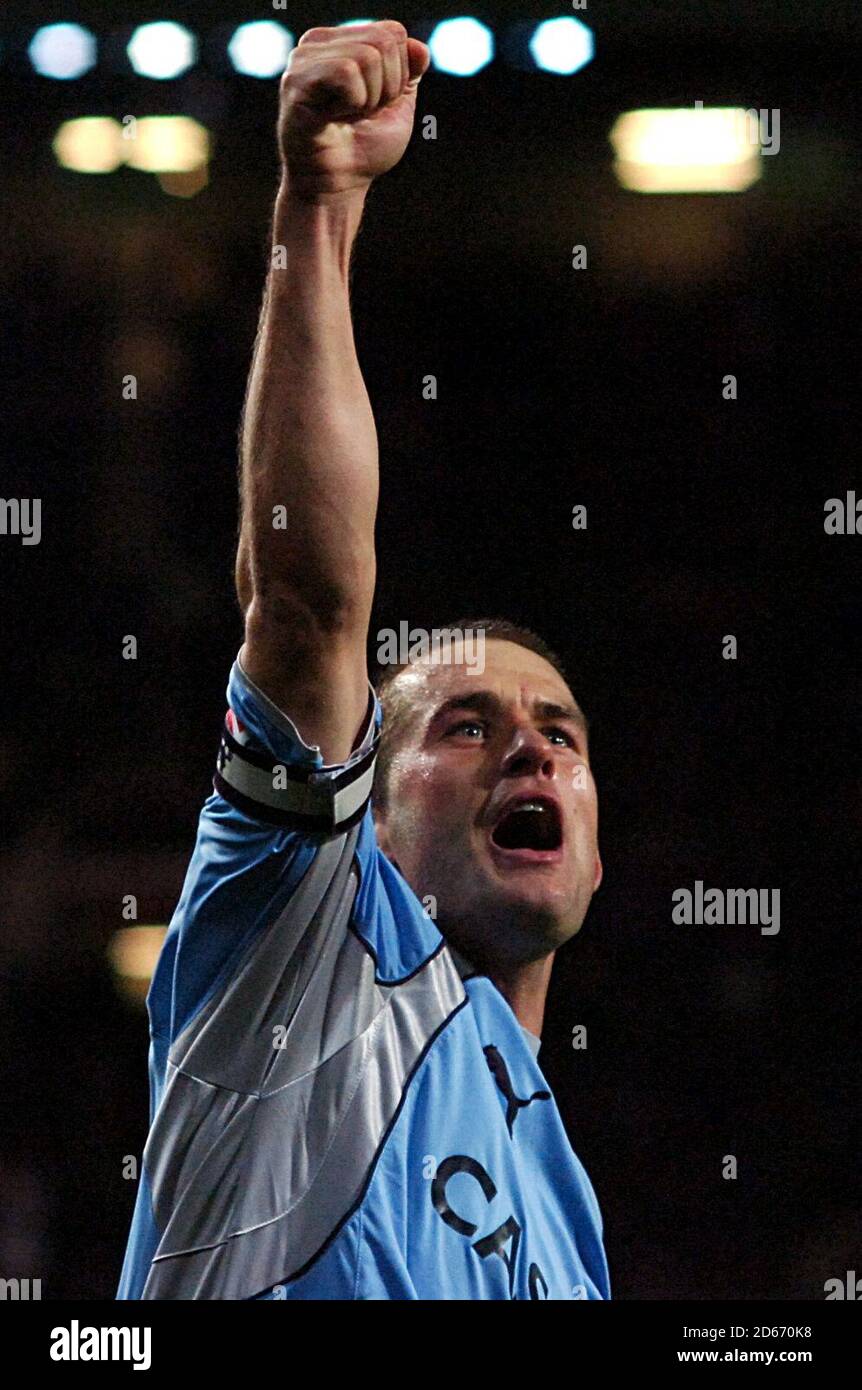 Coventry City's captain Michael Doyle celebrates the second goal of the game, scored by team mate Michael Mifsud. Stock Photo