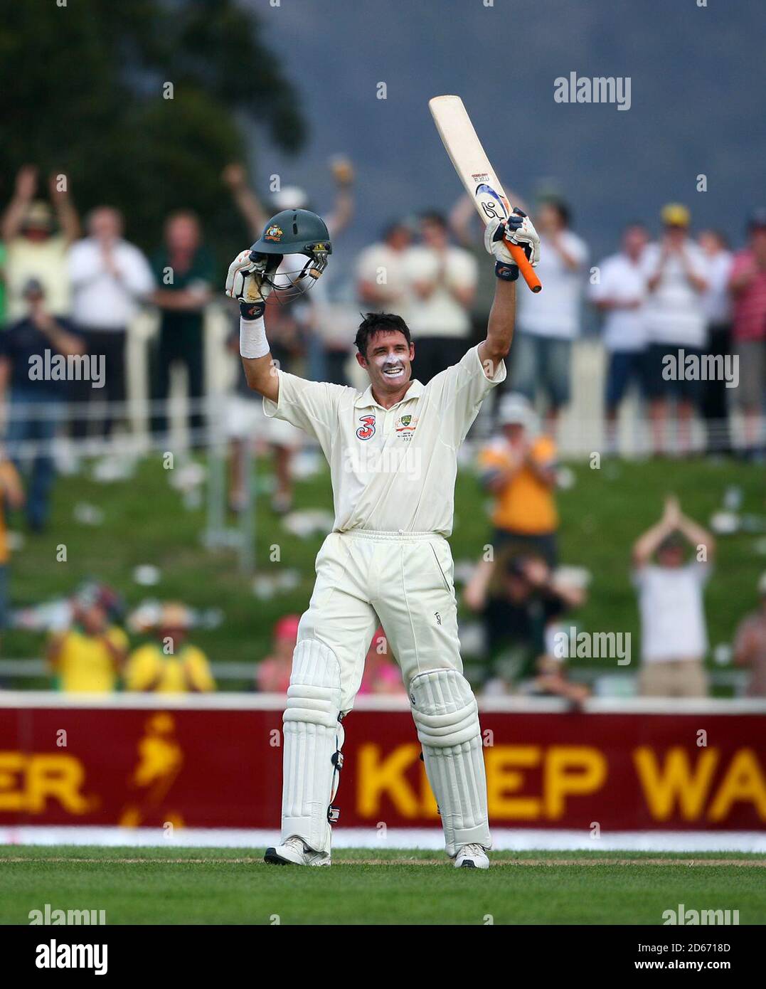 Australia's Michael Hussey celebrates his century during day one of the test against Sri Lanka Stock Photo