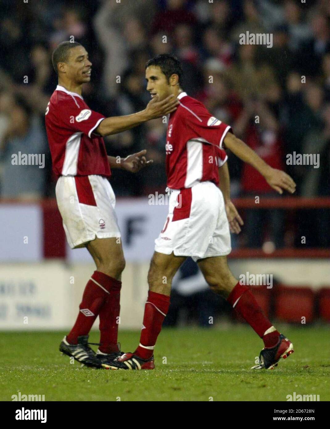 Nottingham Forest's Jack Lester get congratulated by team-mate Des Walker after scoring his second goal against  Sheffield United Stock Photo