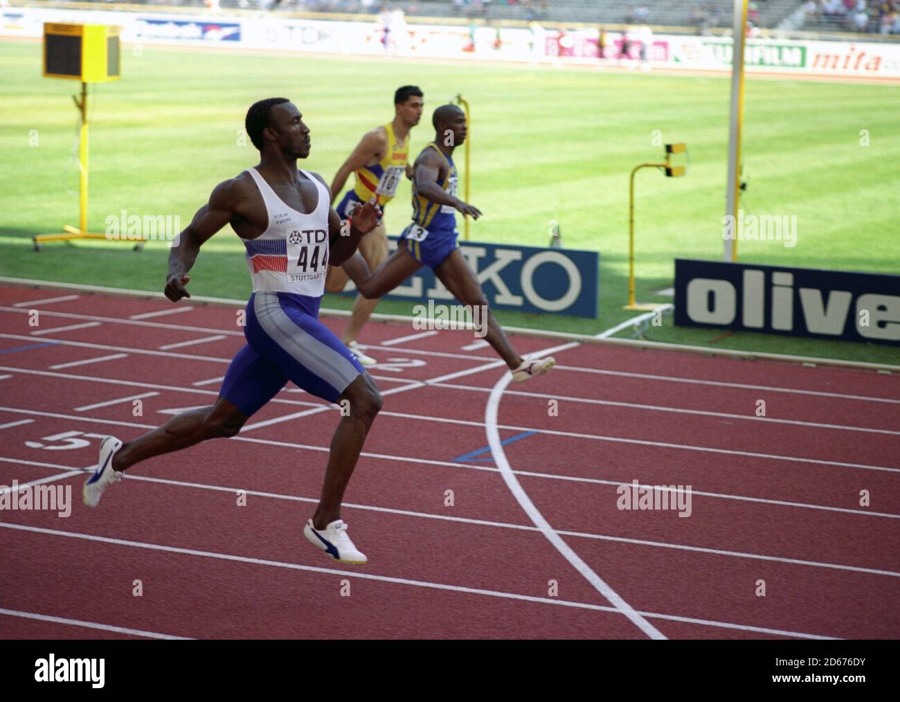 Linford Christie wins his first 100m Heat Stock Photo
