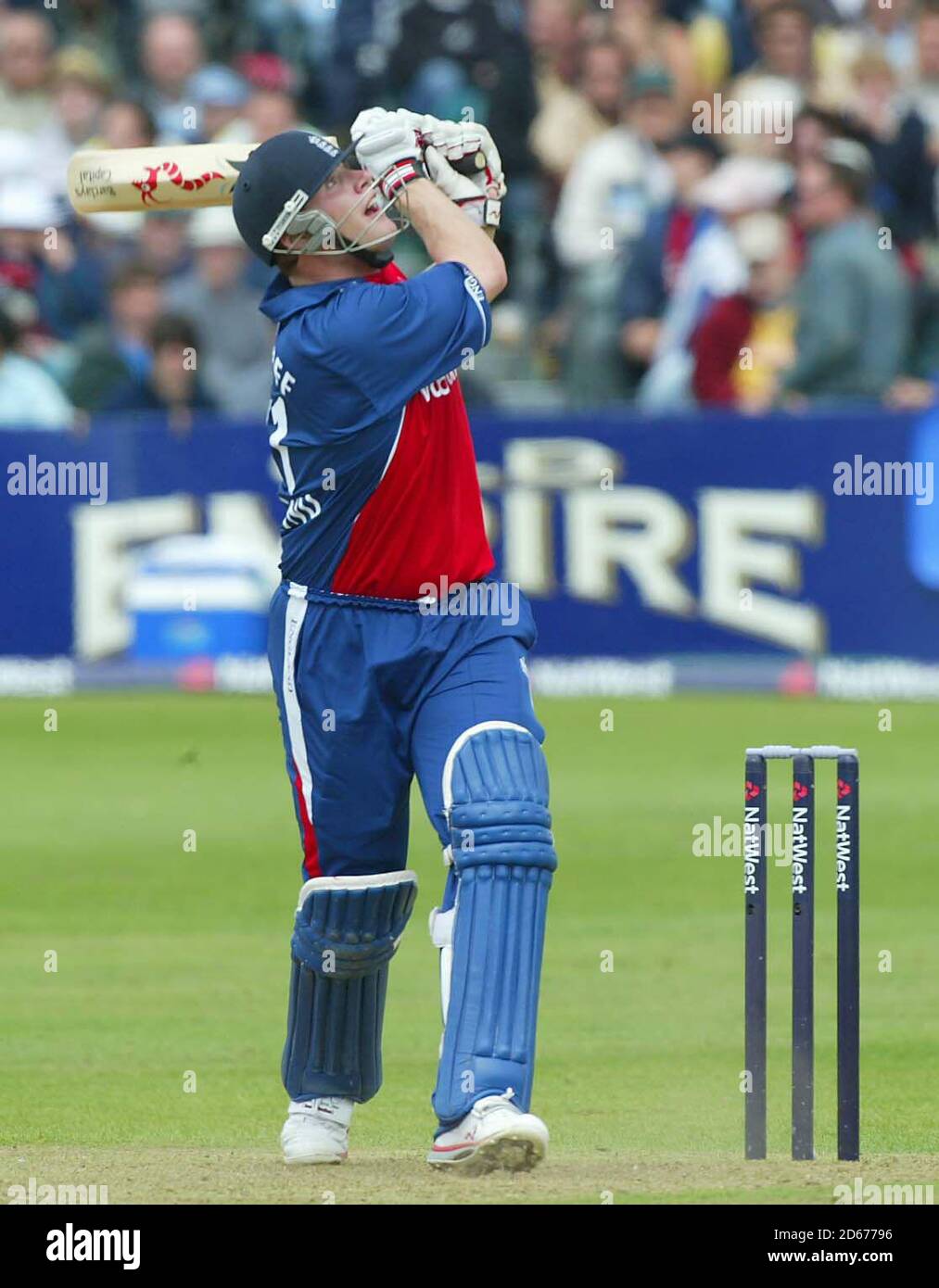 England's Andrew Flintoff pulls a shot for four from the bowling off ...