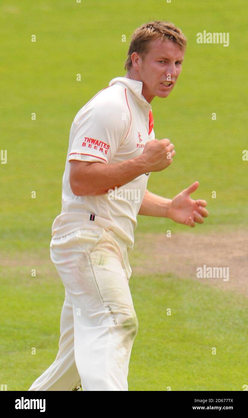 Lancashire's Steven Croft celebrates taking the wicket of Nottinghamshire's Samit Patel  Stock Photo