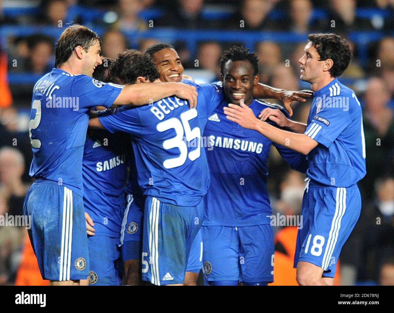 Chelsea celebrate after Atletico Madrid's Luis Amaranto Perea heads in an own goal Stock Photo