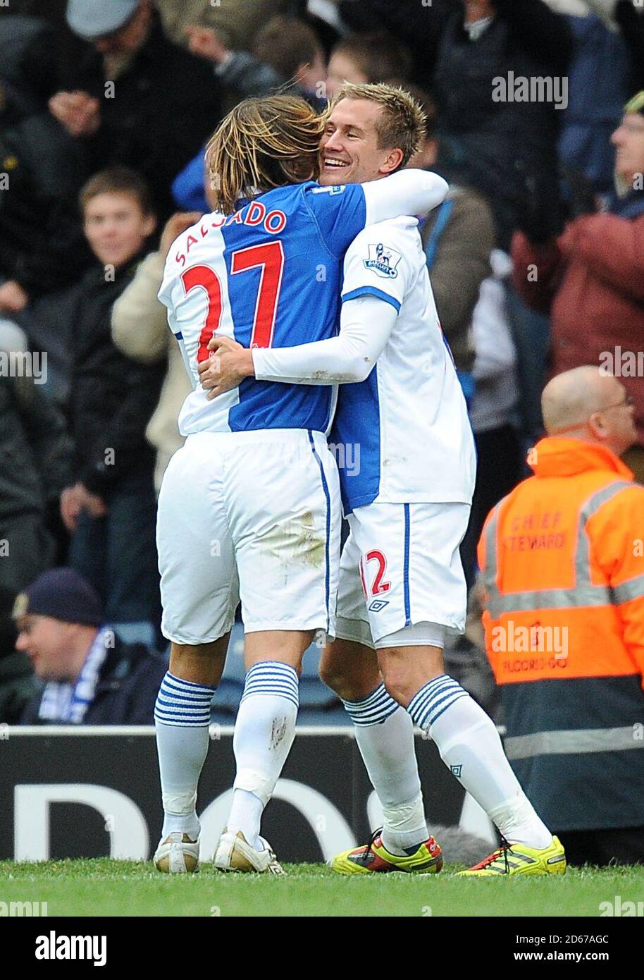 Blackburn Rovers' Morten Gamst Pedersen (right) celebrates with team-mate Michel Salgado (left) after scoring the opening goal Stock Photo