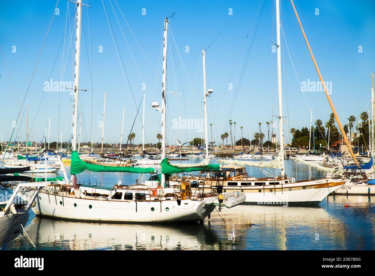 Commercial fishing boats docked in San Diego harbor in a summertime afternoon landscape Stock Photo