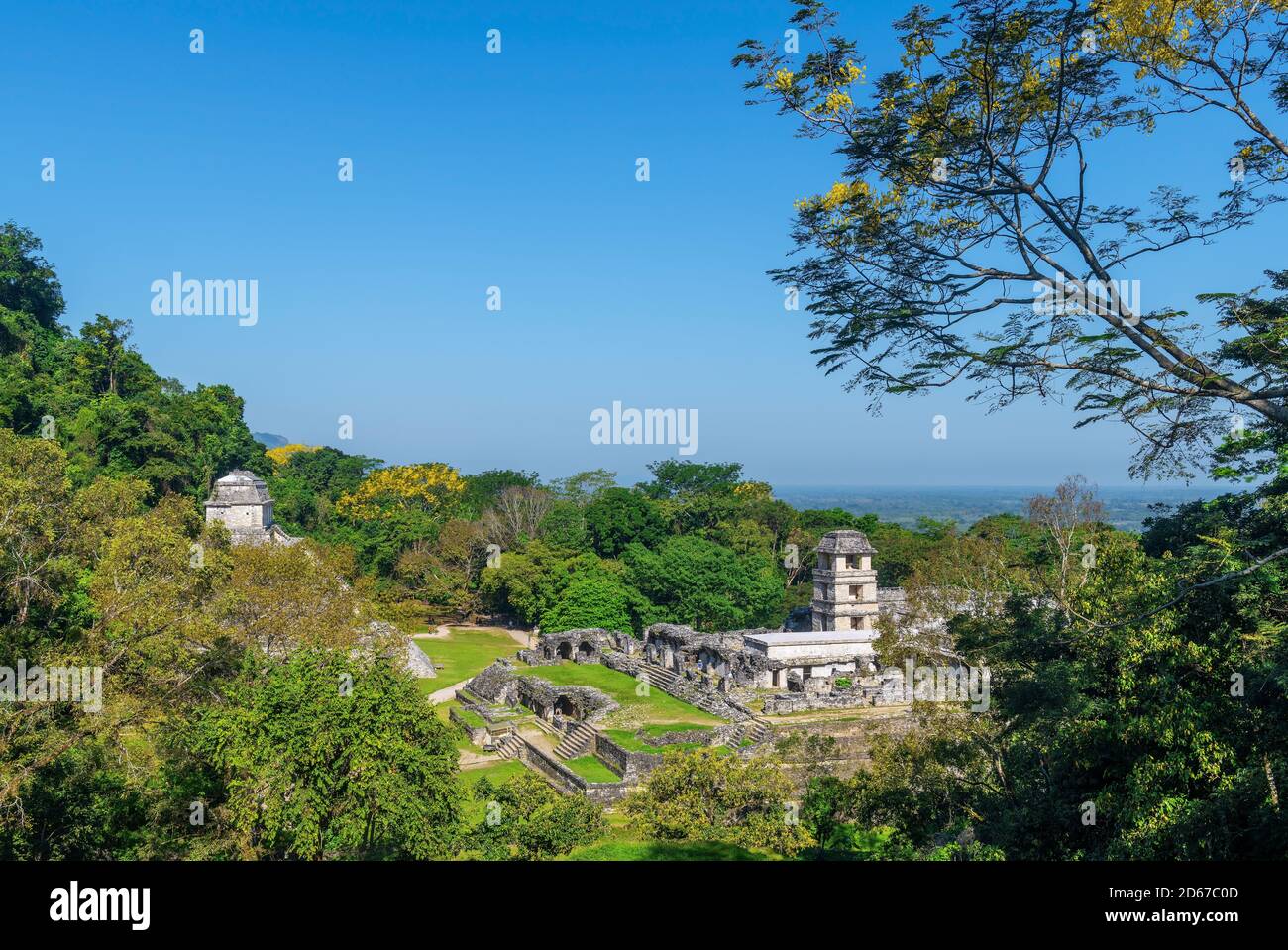 Cityscape of the Maya ruin Palenque in the rainforest with the Temple of Inscriptions pyramid and the Palace, Chiapas, Mexico. Stock Photo