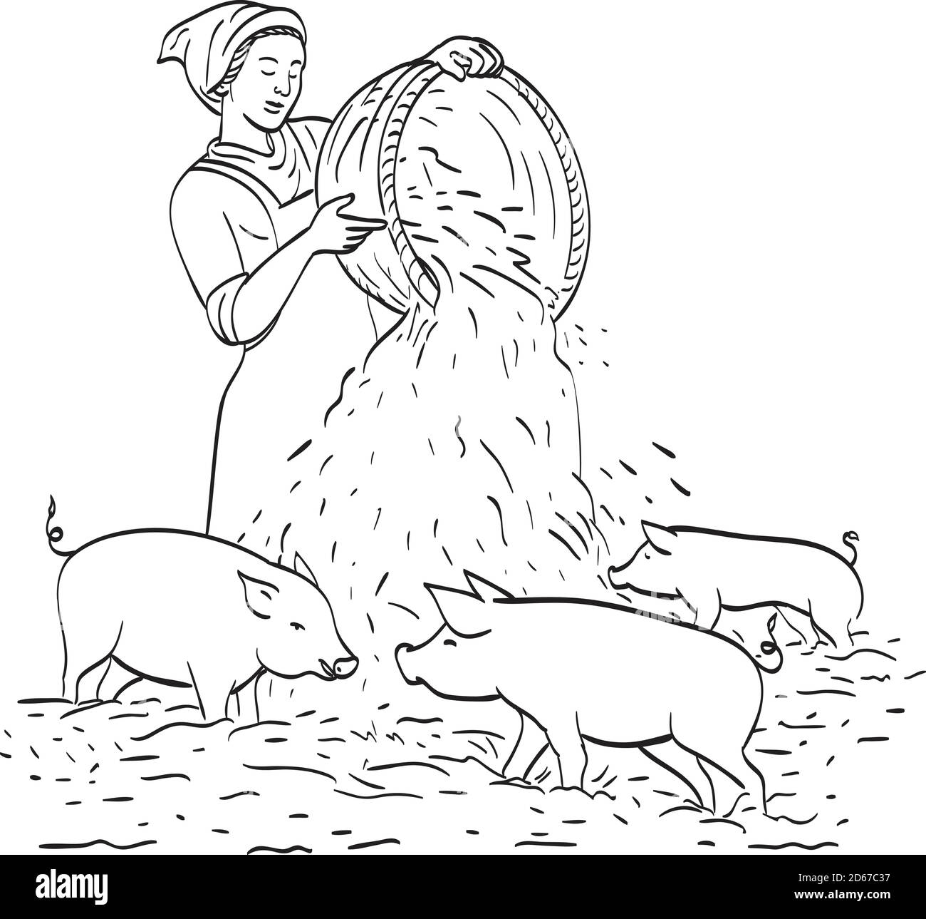 Line art drawing illustration of female peasant farmer feeding pigs done in monoline style black and white. Stock Vector