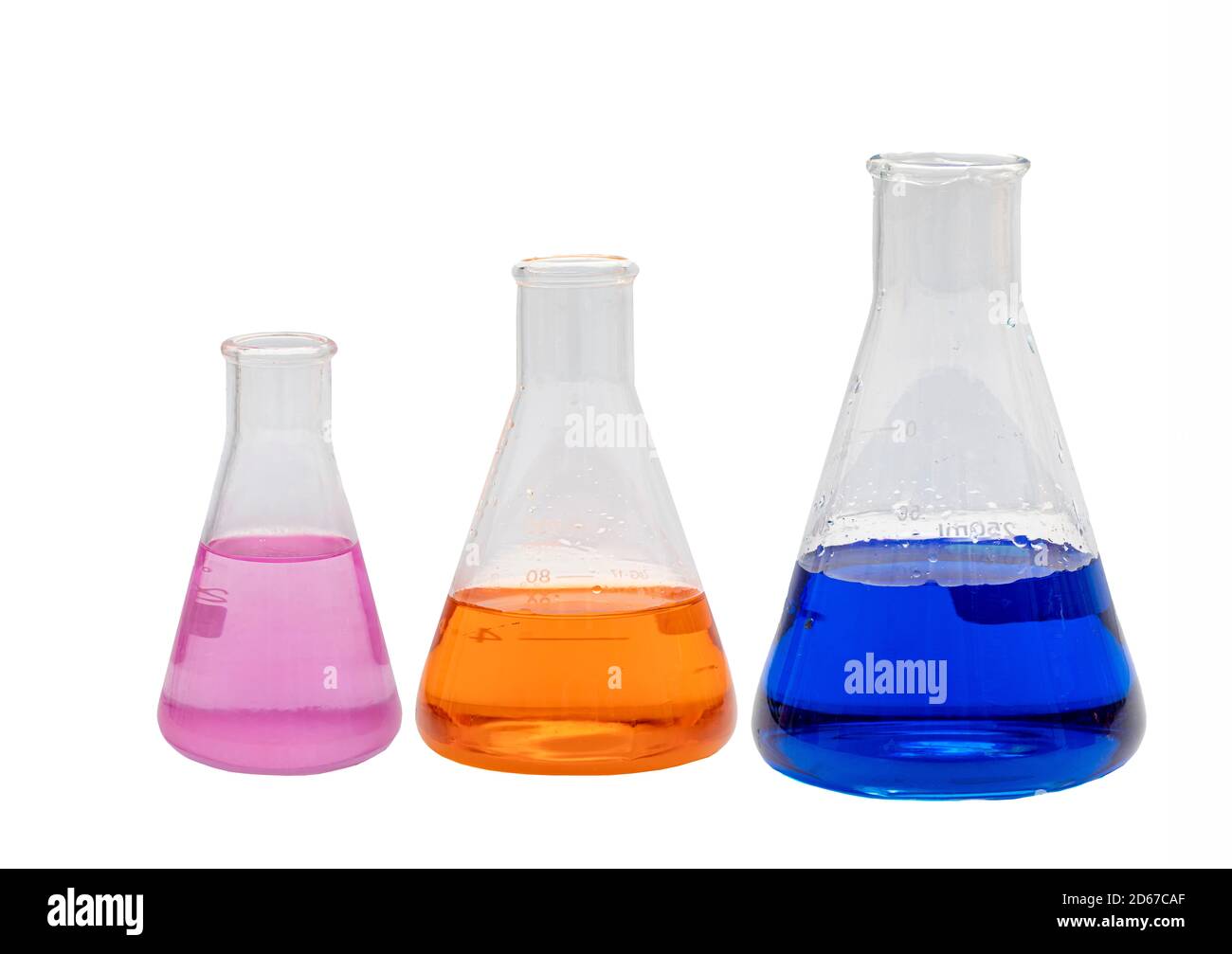 different sizes of erlenmeyer flasks containing multicolored solutions