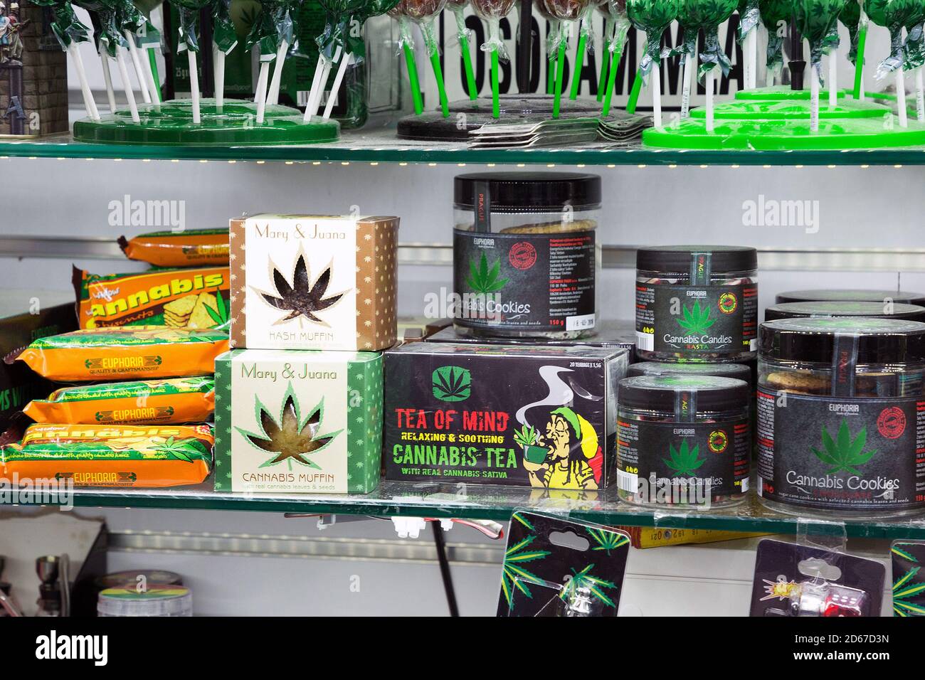 Cannabis products on sale in a store Prague Stock Photo