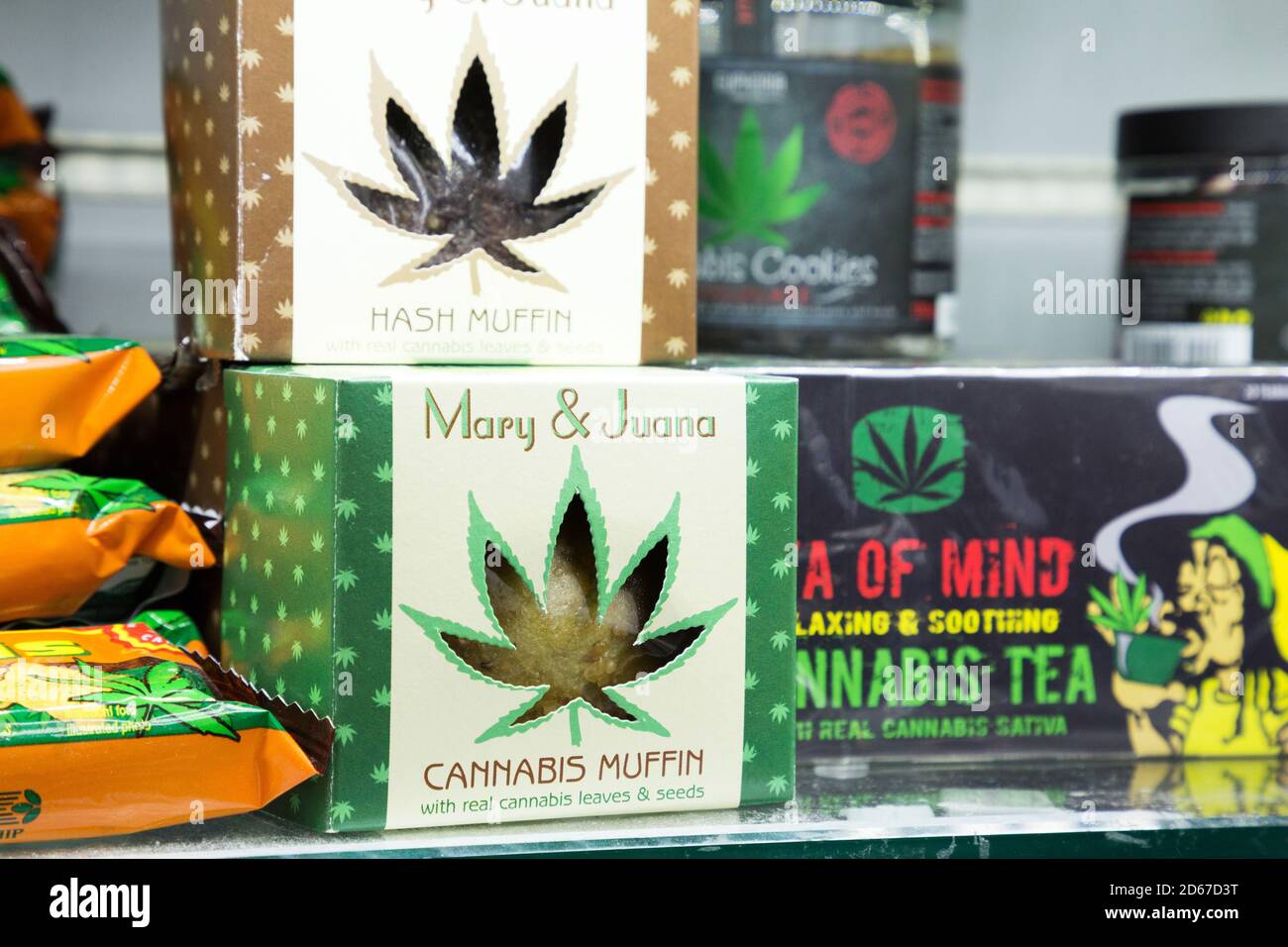 Cannabis products on sale in a store Prague Stock Photo