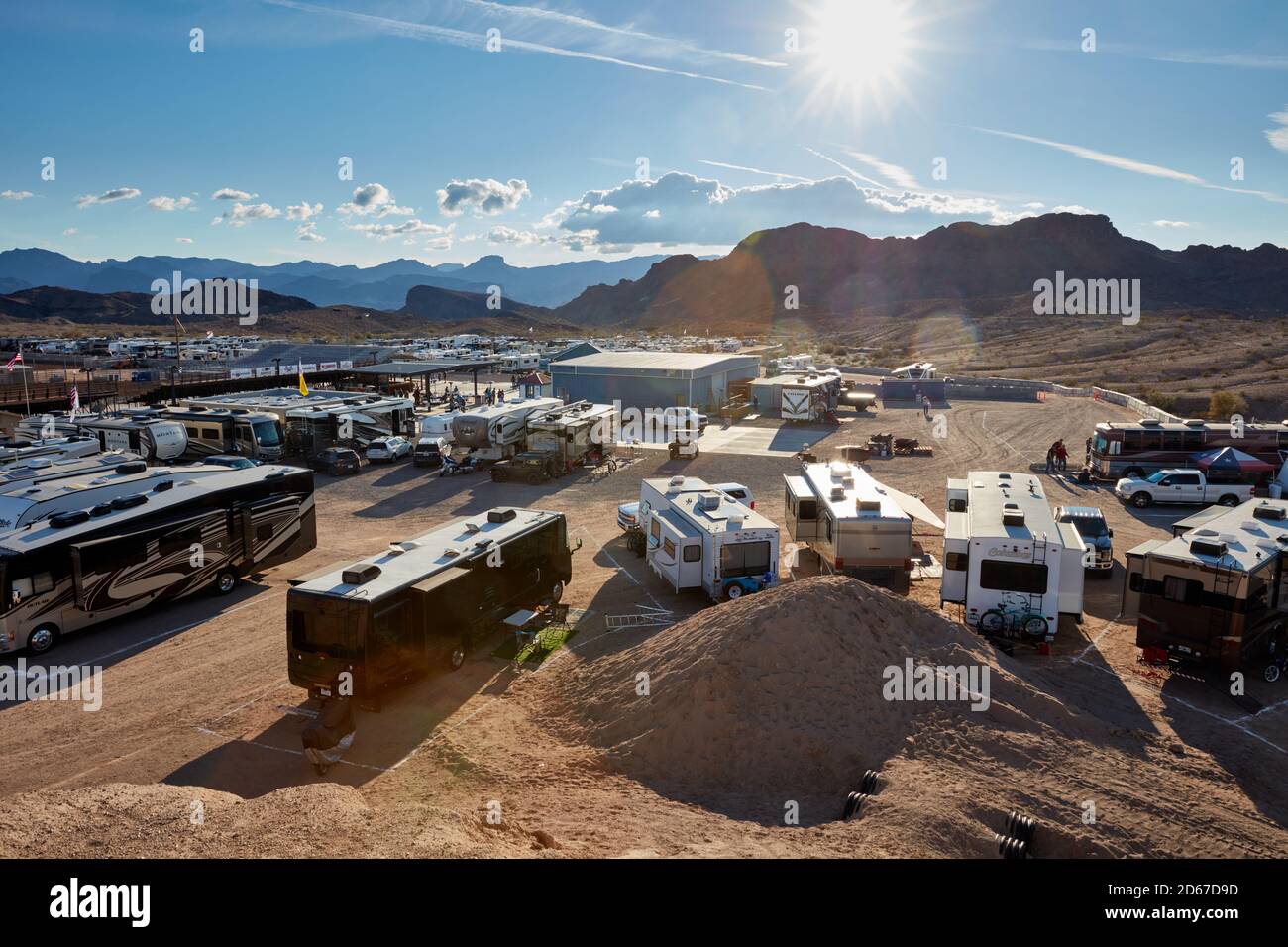 RVs parked at the Lake Havasu City Rodeo Grounds at the 2019 Xscapers RV club annual bash in Arizona. Stock Photo