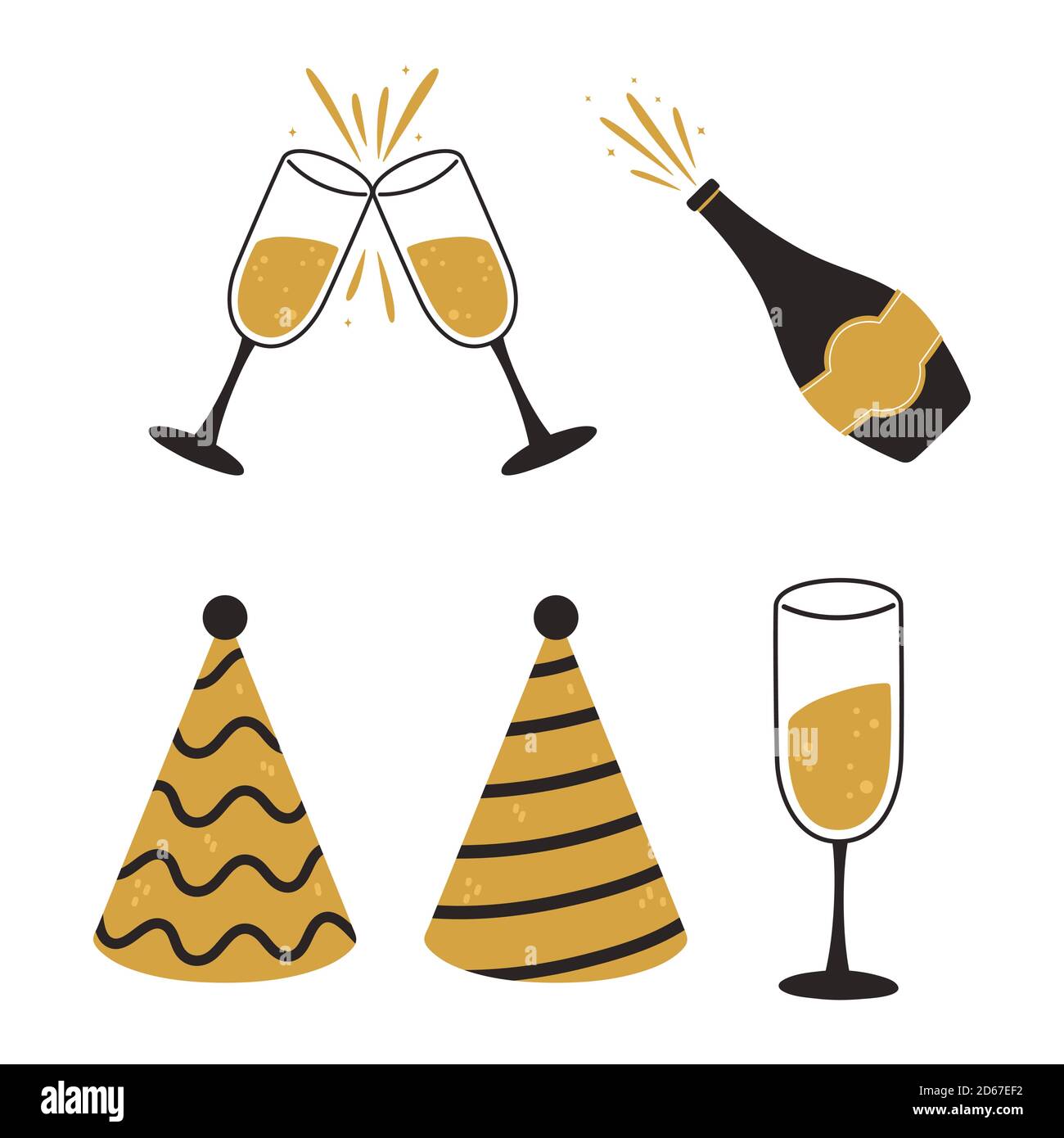happy new year, party hats champagne bottle and cups icons vector ...