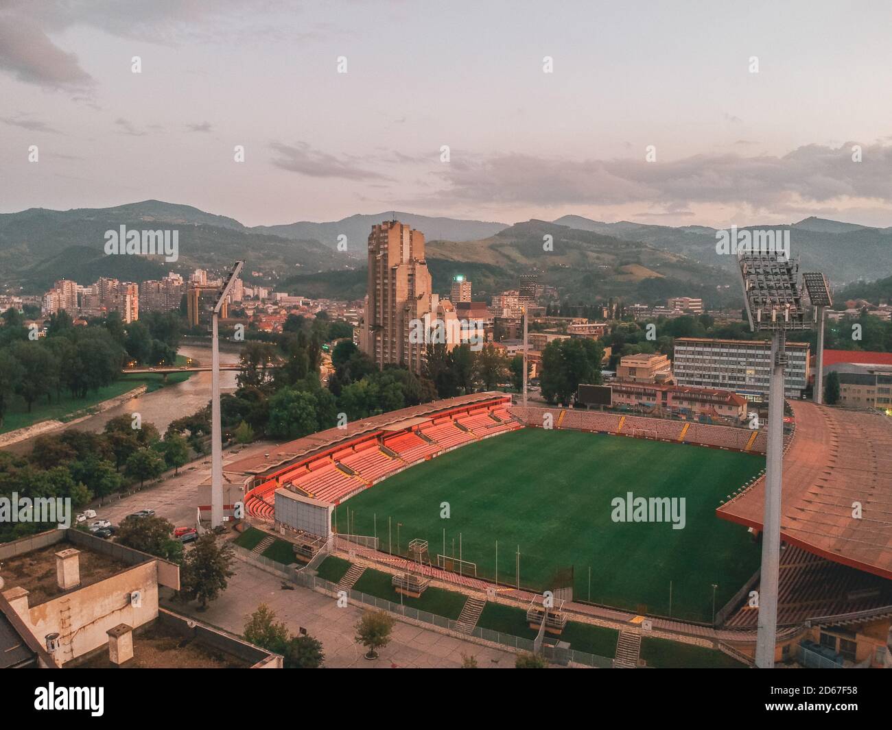 Aerial shot of the Bilino Polje Stadium in Zenica, Bosnia and Herzegovina Stock Photo
