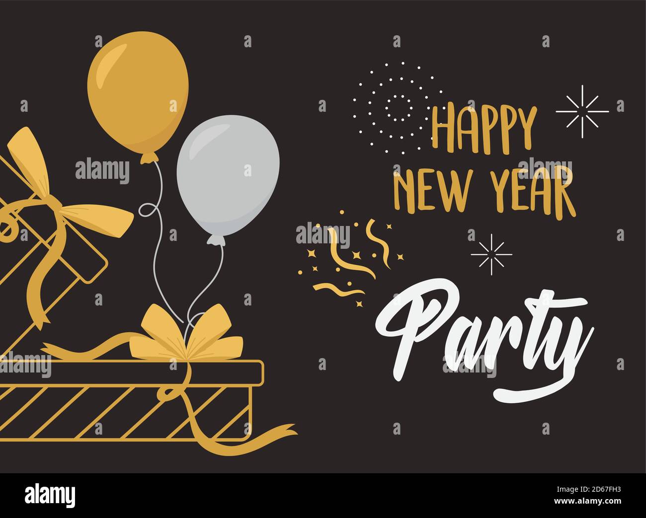 happy new year, gift boxes balloons fireworks greeting card vector ...