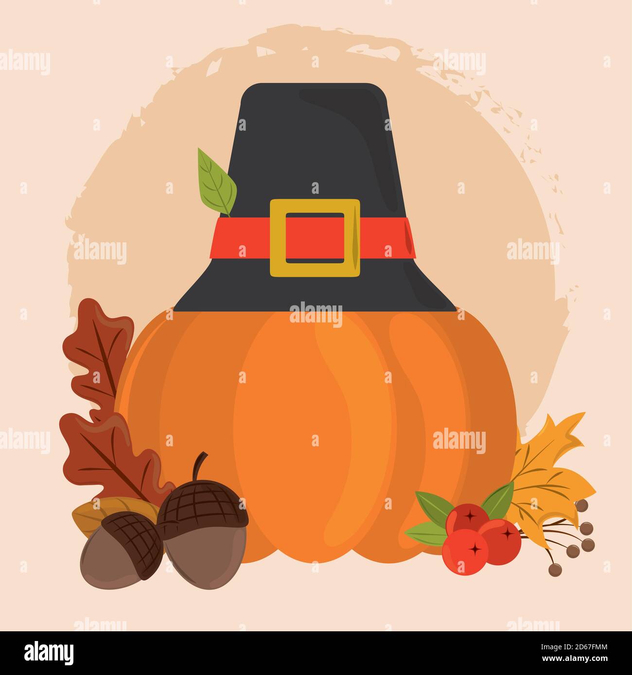 happy thanksgiving day, pumpkin with pilgrim hat acorns and leaves ...
