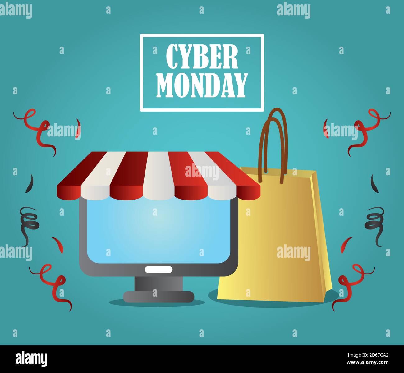 cyber monday, computer and shopping bag sale vector illustration Stock ...