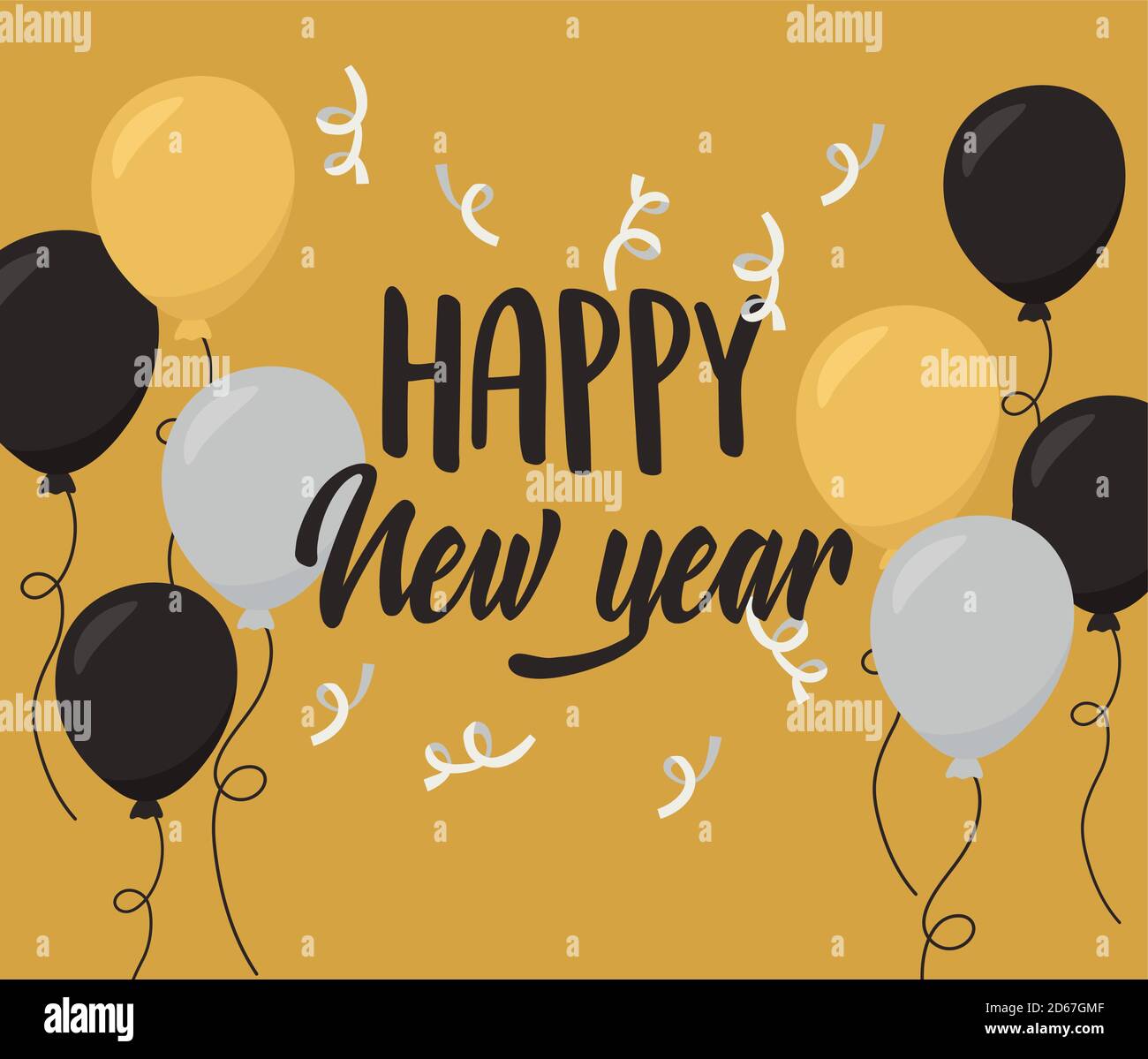 happy new year, inscription greeting card balloons confetti vector ...