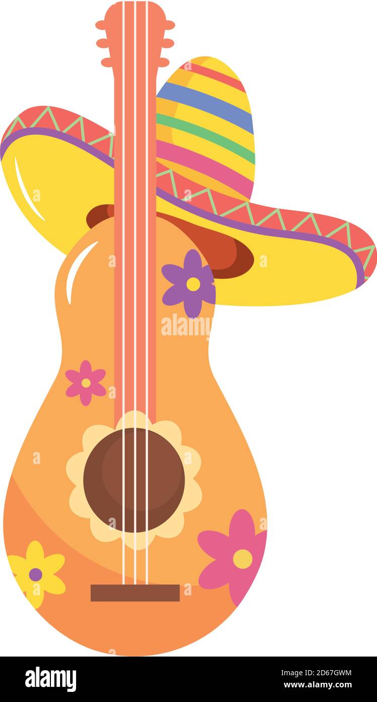 mexican hat and floral guitar over white background, flat style, vector ...