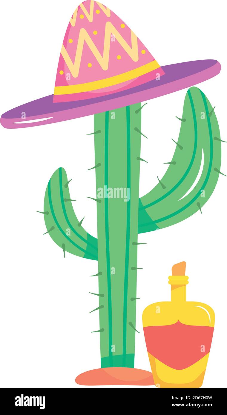 cactus with mexican hat and tequila bottle over white background, flat ...