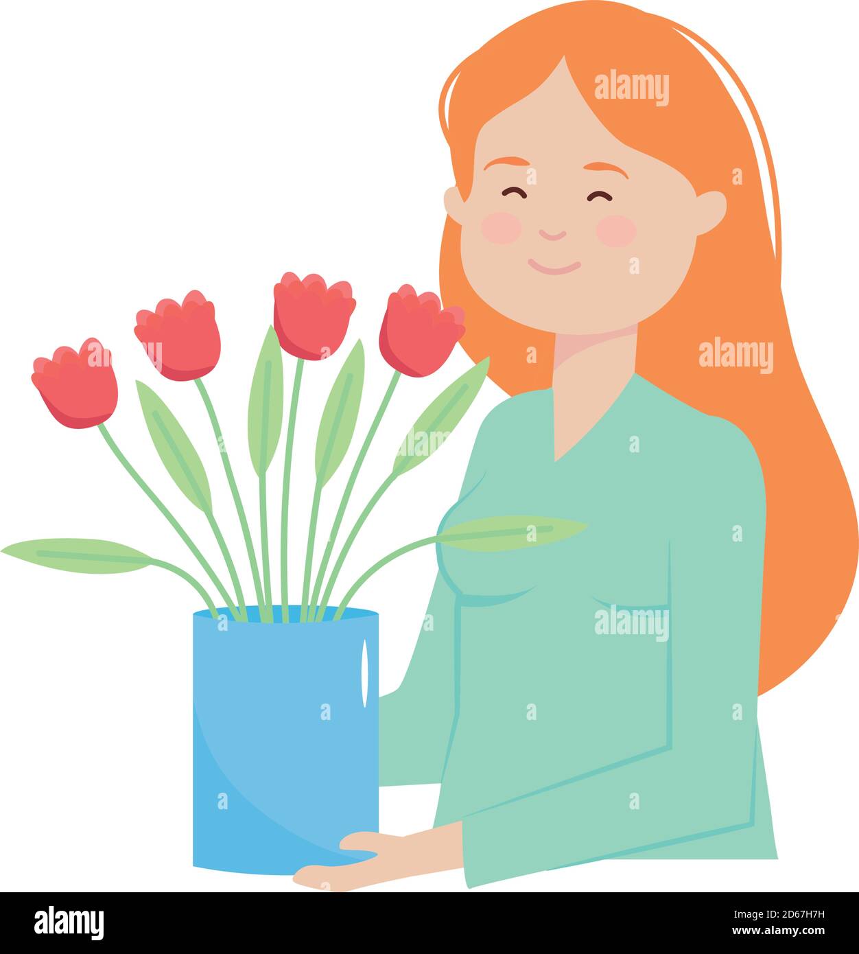 cartoon woman holding a vase with flowers over white background, flat