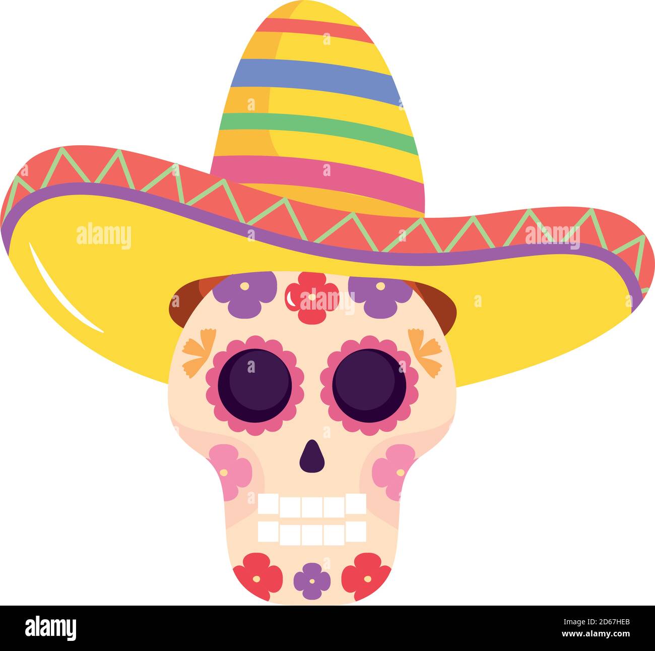 sugar skull with mexican hat over white background, flat style, vector ...