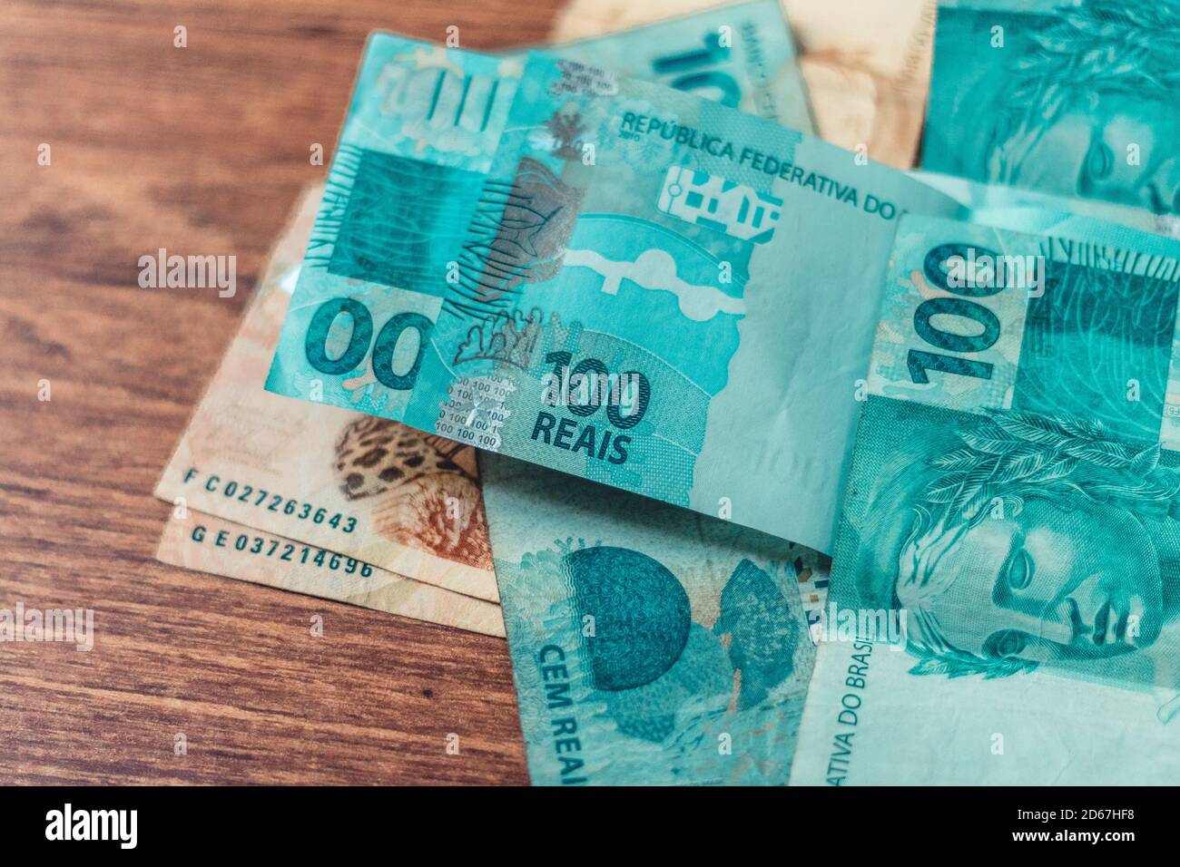 Money from Brazil. Notes of Real, and coins, Brazilian currency, Brazil BRL. Concept of savings, salary, payment and funds. Stock Photo