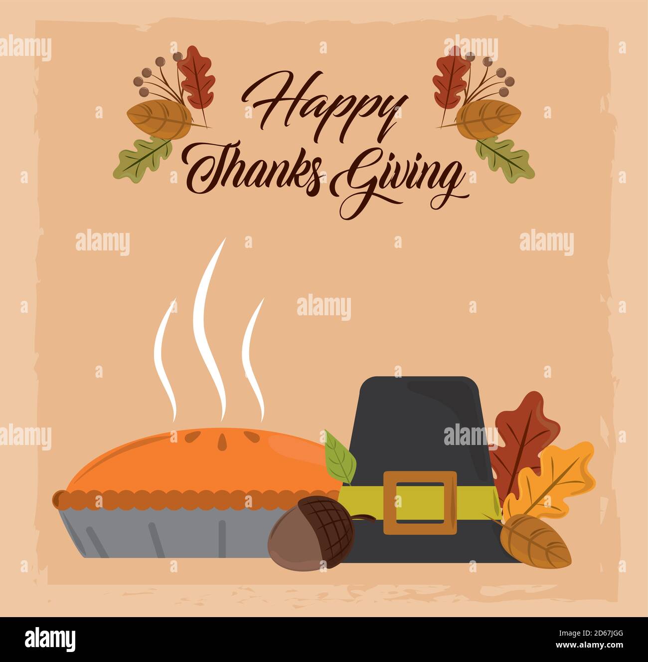 happy thanksgiving day, pilgrim hat pumpkin cake acorn and leaf vector ...