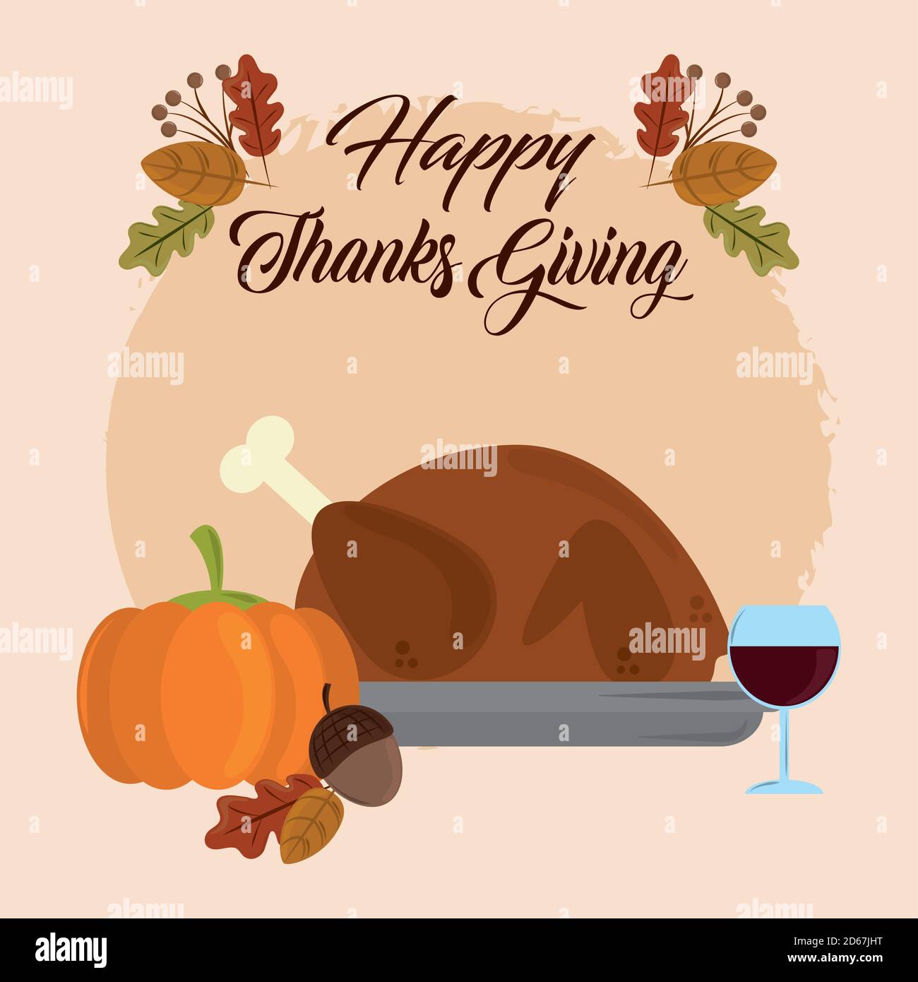 happy thanksgiving day, dinner turkey pumpkin wine and acorn vector ...