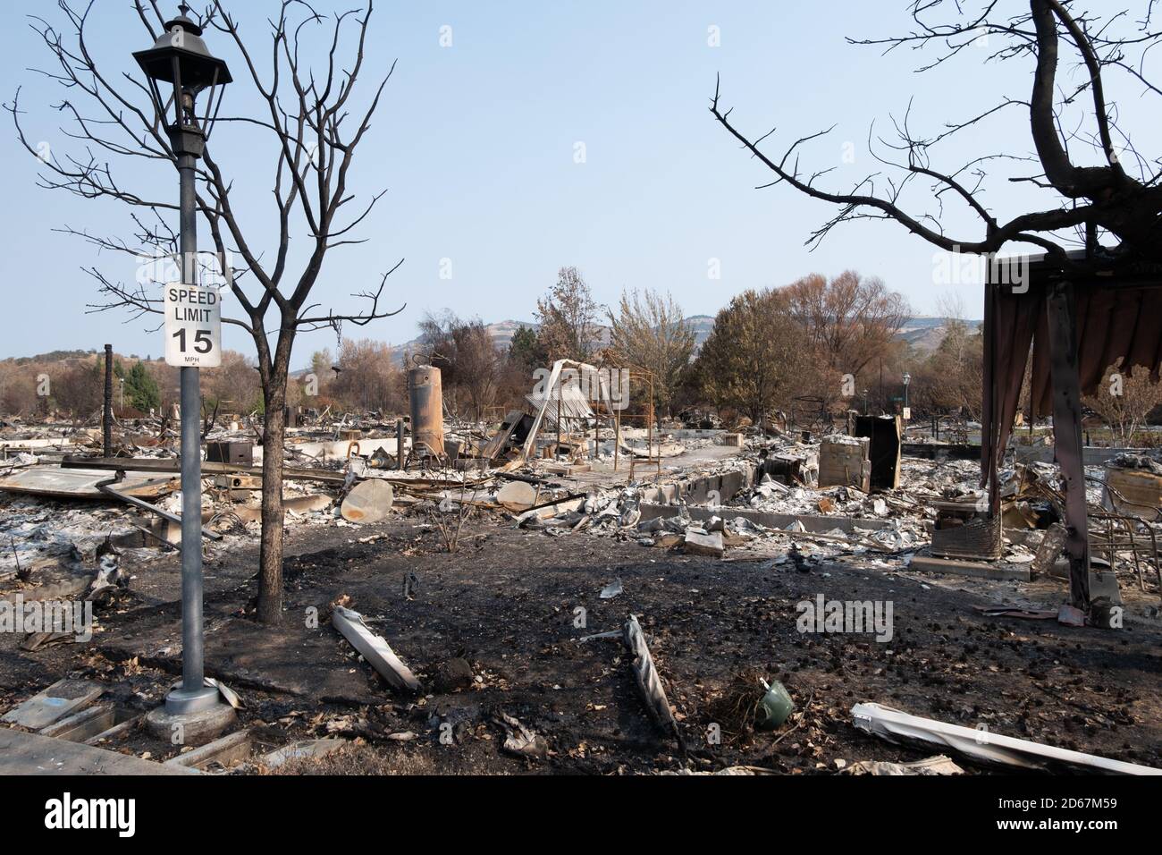 Homes destroyed by wildfires and forest fires. Entire neighborhood were
