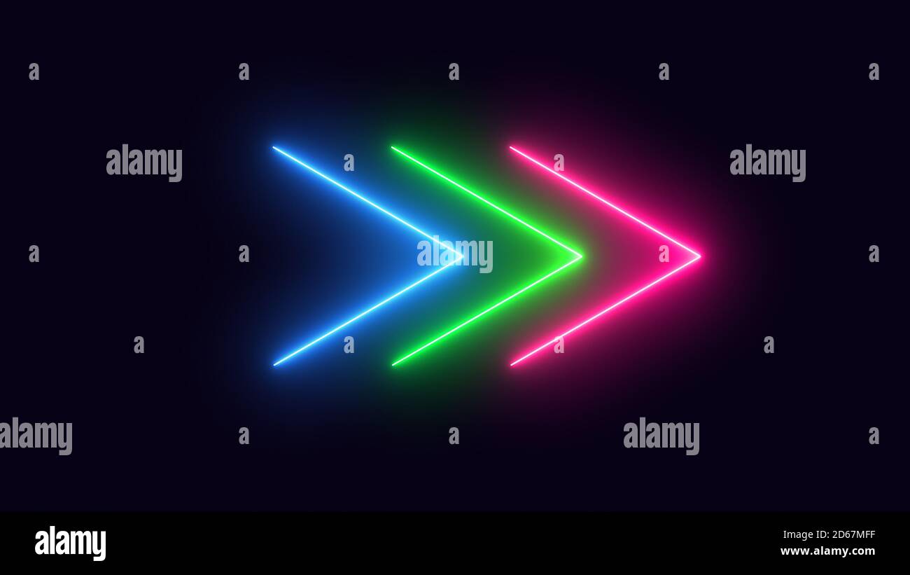 Red Green Blue neon arrows on a dark background Stock Photo