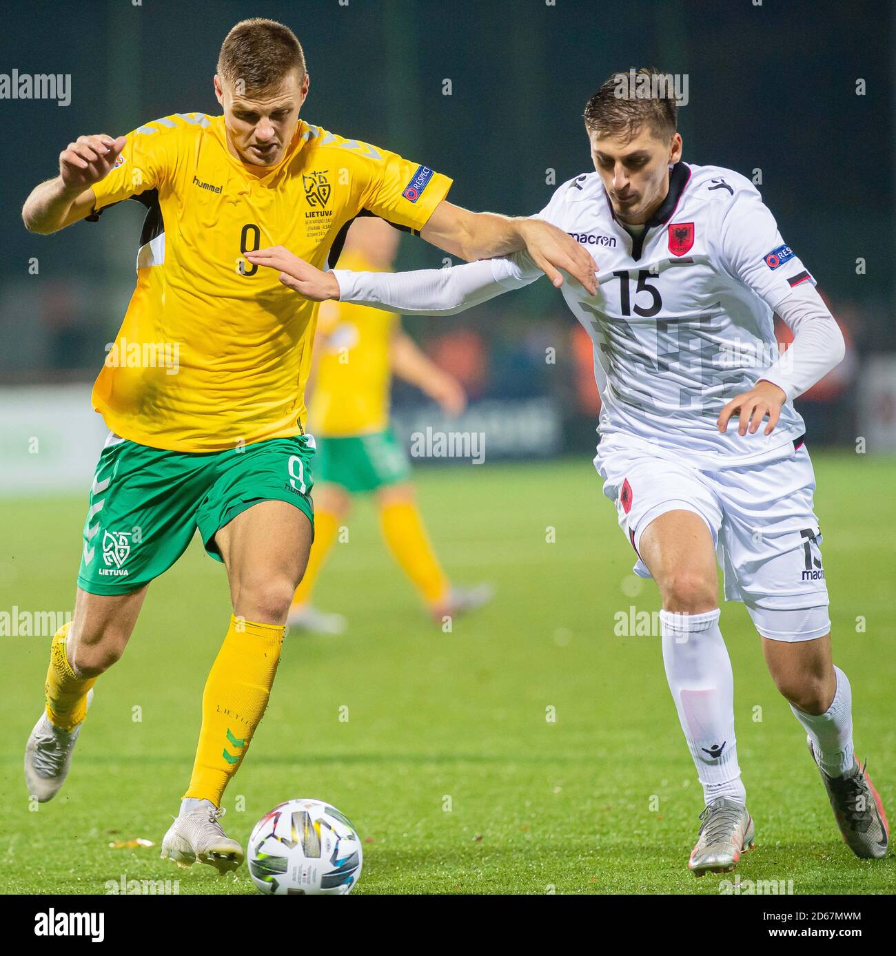 Vilnius, Lithuania. 14th Oct, 2020. Karolis Laukzemis (L) of Lithuania vies  with Marash Kumbulla of Albania during their UEFA Nations League football  match in Vilnius, Lithuania, on Oct. 14, 2020. Credit: Alfredas