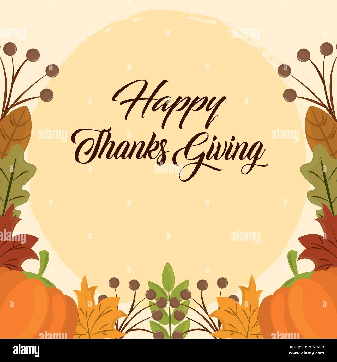 happy thanksgiving day, pumpkins berries leaves nature card vector ...