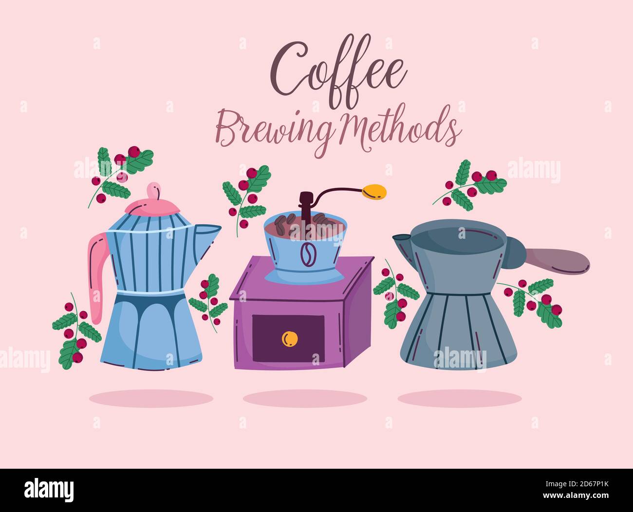 coffee brewing methods, manual grinder moka pot and cezve turkish card vector illustration Stock