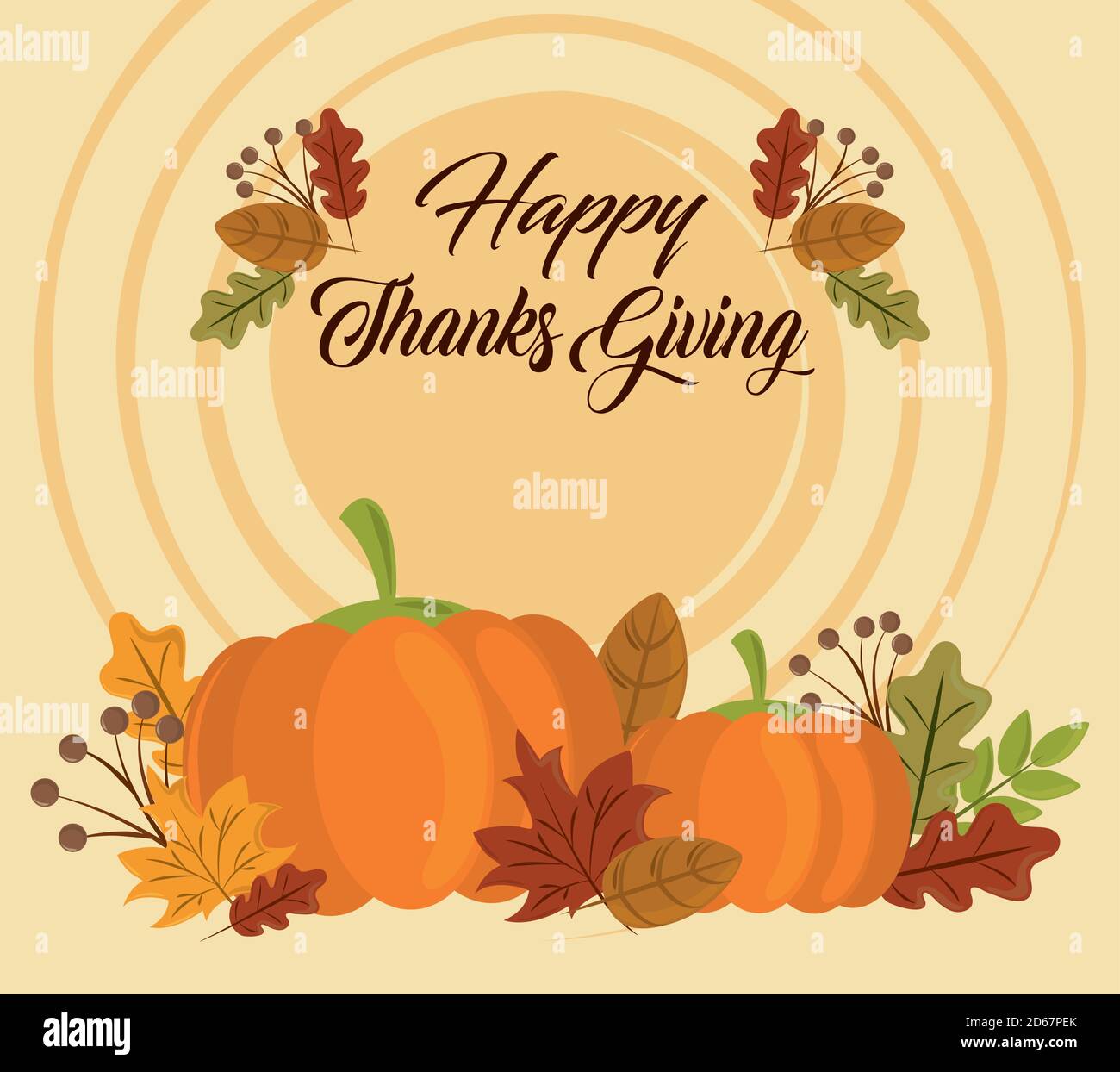 happy thanksgiving day, greeting card with pumpkins and season foliage ...