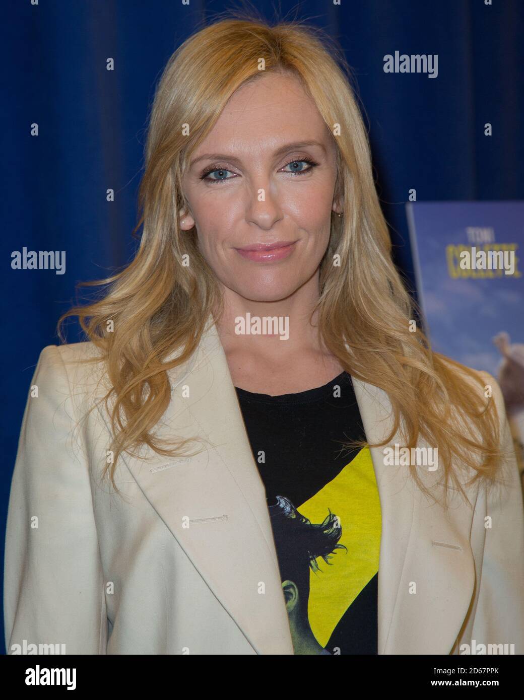 Toni Collette doing press for 'The Realistic Joneses' on Broadway- also starring Michael C Hall, Marisa Tomei, and Tracy Letts. Stock Photo