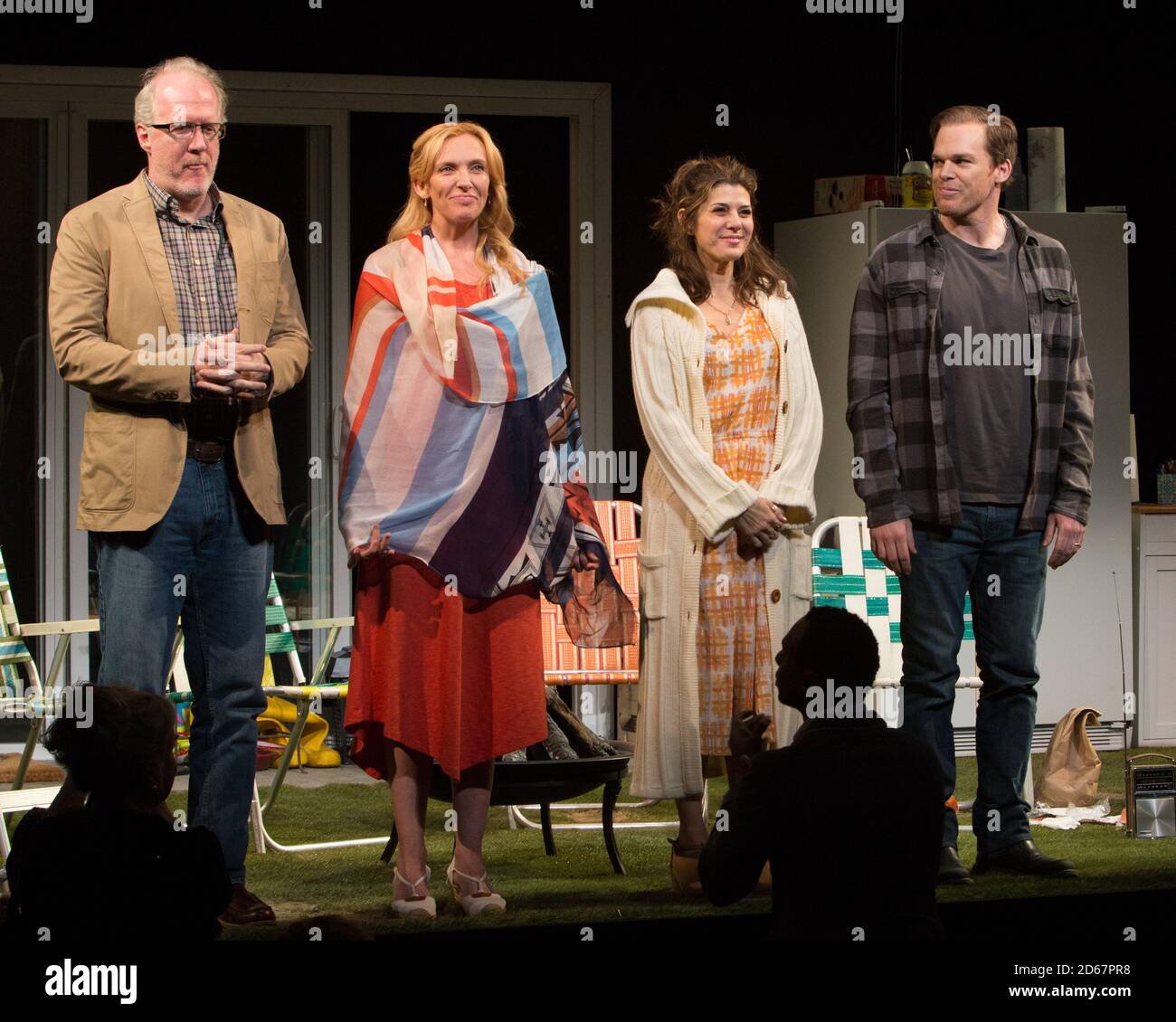 Opening Night Curtain Call for 'The Realistic Joneses' on Broadway- starring Tracy Letts, Toni Collette, Marisa Tomei, and Michael C Hall. Stock Photo