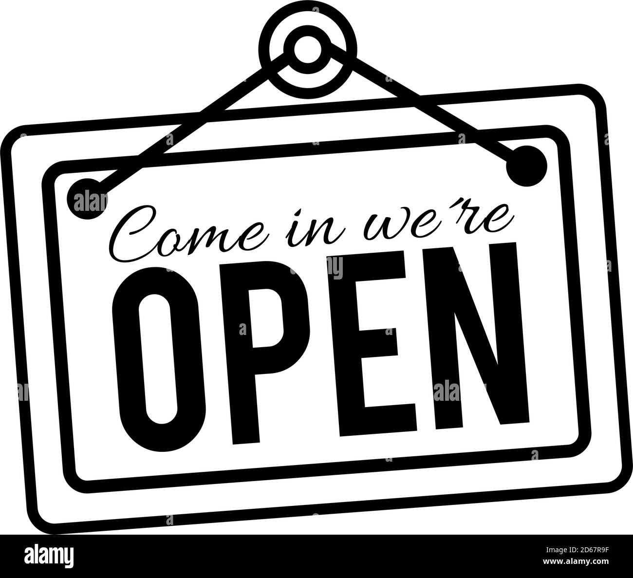 door sign with come in we are open lettering sign over white background