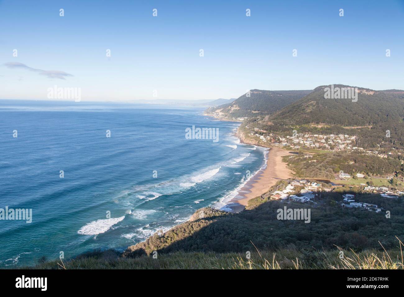 View of Stanwell Park Beach and the Illawarra Escarpment from Lawrence Hargraves Lookout, Bald Hill, Stanwell Tops. Stock Photo