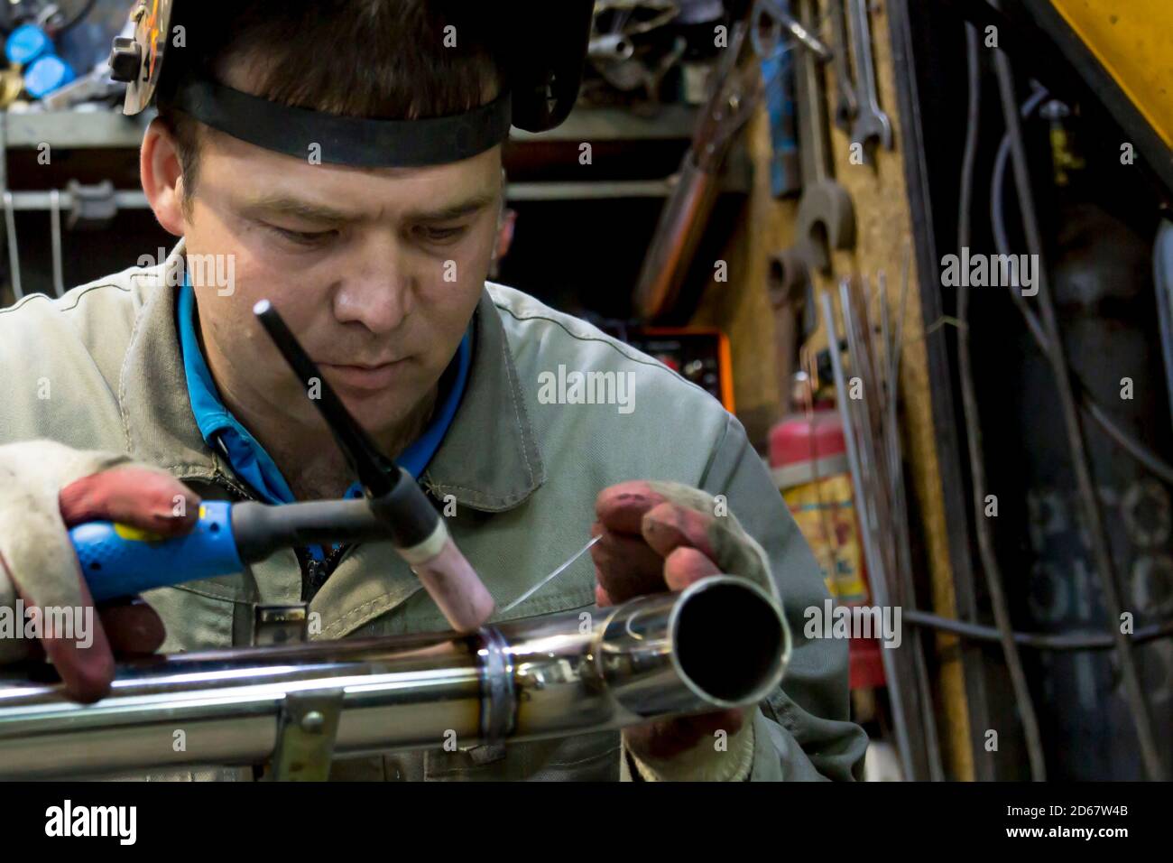 TIG welding of polished stainless steel pipe Stock Photo Alamy