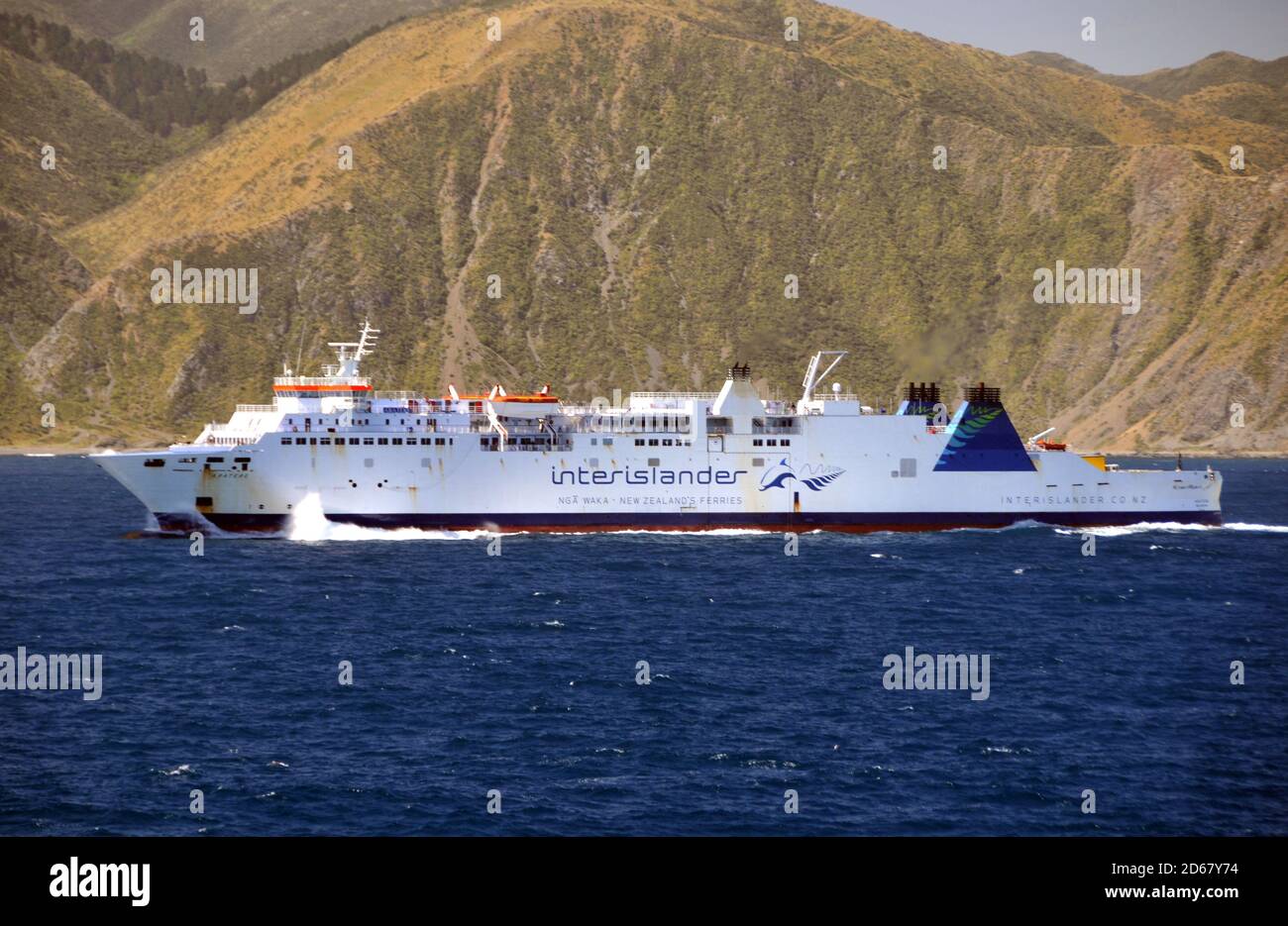 Ferry crossing the Cook strait, departing from Wellington,  New Zealand Stock Photo