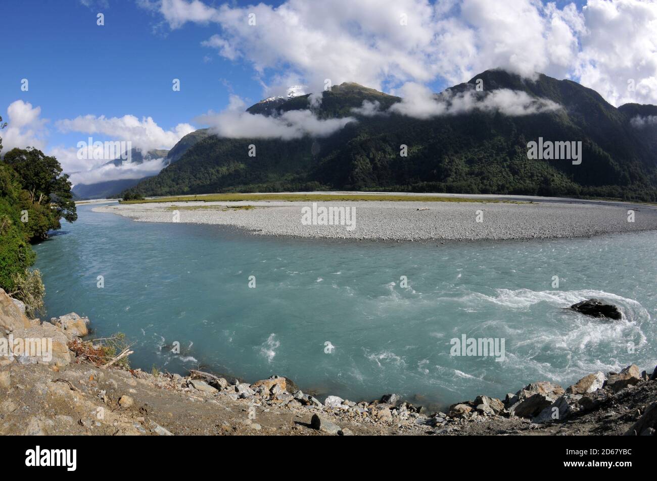 New Zealand or Aotearoa, 'the land of the long white cloud' in Maori, and a river, South island, New Zealand Stock Photo