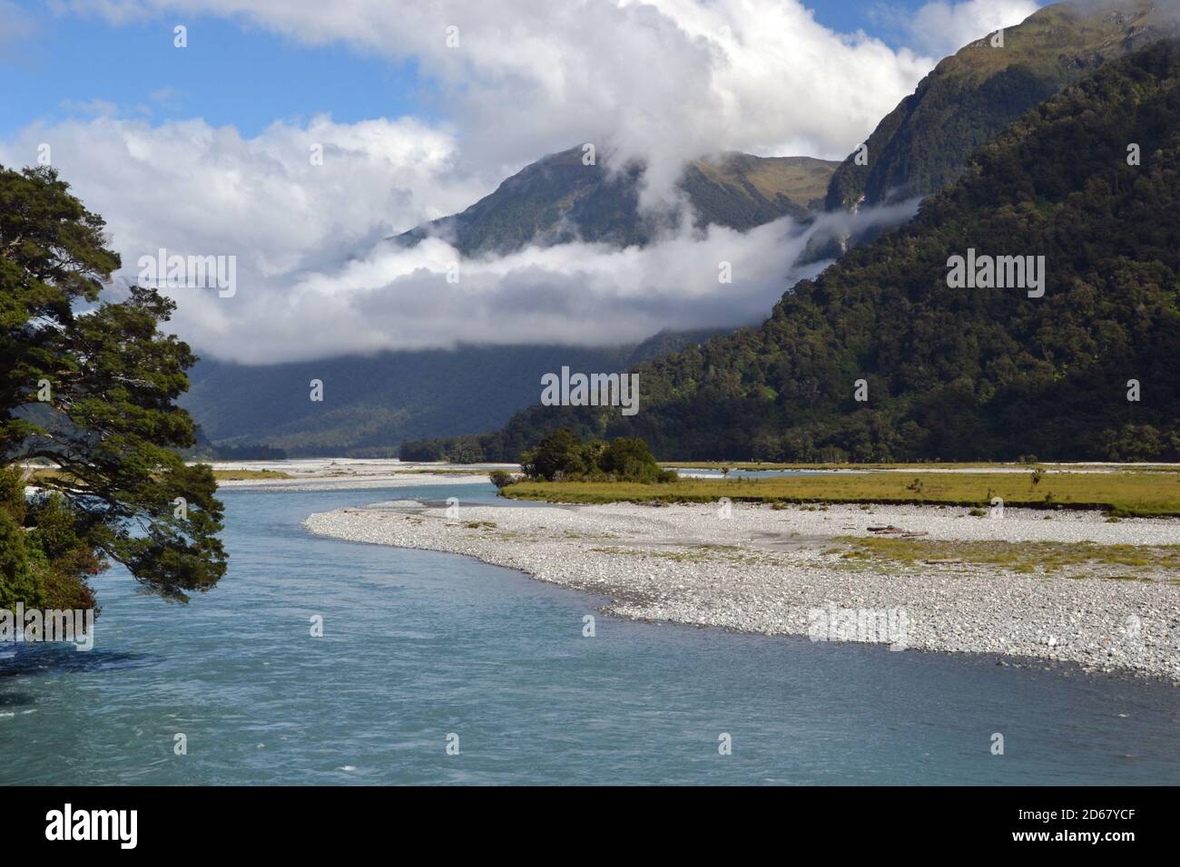 New Zealand or Aotearoa, "the land of the long white cloud" in Maori, and a river, South island