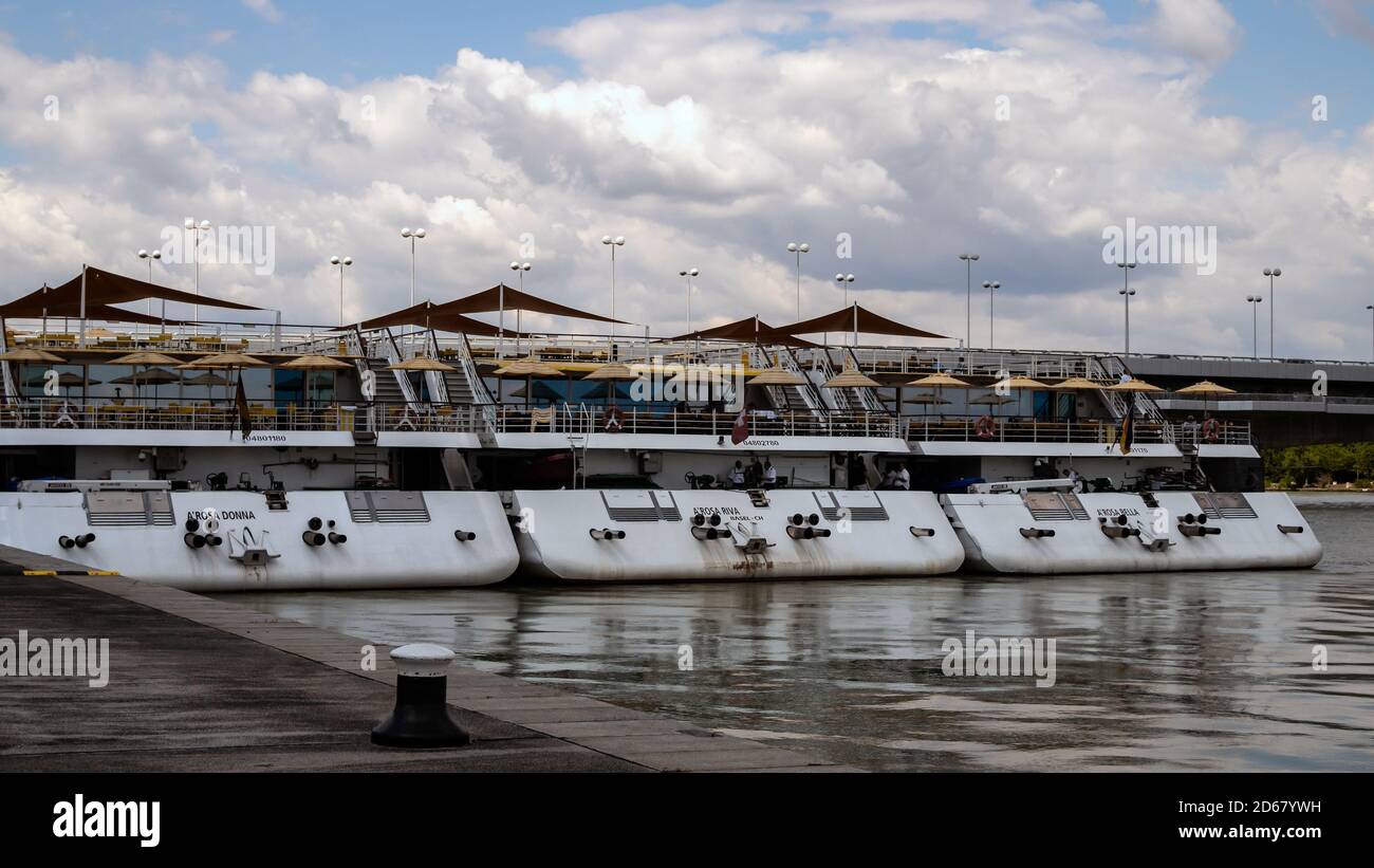 Vienna Austria A Rosa River Cruise Ships Moored On The River Danube In The River Port The Ships Are The A Rosa Dona A Rosa Riva And A Rosa Bella Stock Photo Alamy