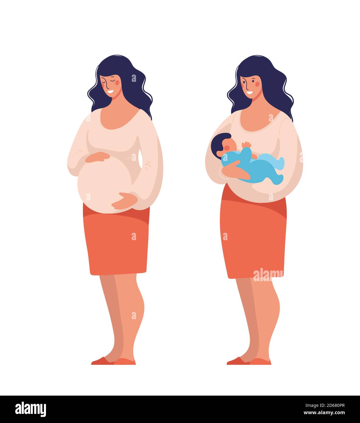 Pregnant woman before and after childbirth, cute standing