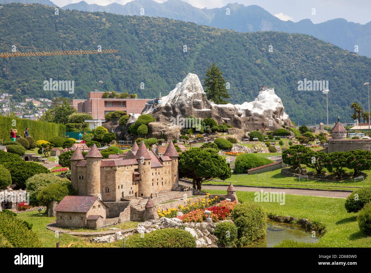A view of Swissminiatur, open-air miniature park placed in Melide, on the shore of Lake Lugano, Melide, Lugano, Switzerland, Europe. Stock Photo
